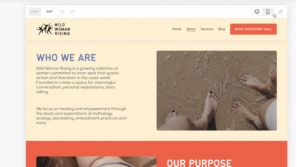 A website homepage for Wild Woman Rising with a beige background, black logo, navigation menu, and a red 'Book Discovery Call' button. It features a photo of feet in sand on the right and text about empowering women.