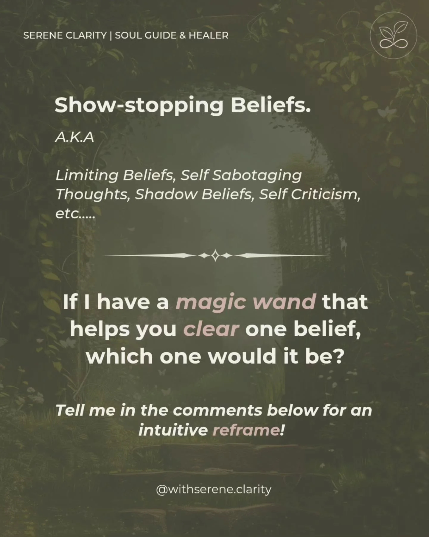 What are your show stopping beliefs?

Or limiting beliefs, self sabotaging tendencies, self demotivating phrases, etc....

If I can help you clear or reframe them, which one (or many!) would it be? 
.
.
.
.
.
.
.
.
#soulwork #limitingbeliefs #shadoww