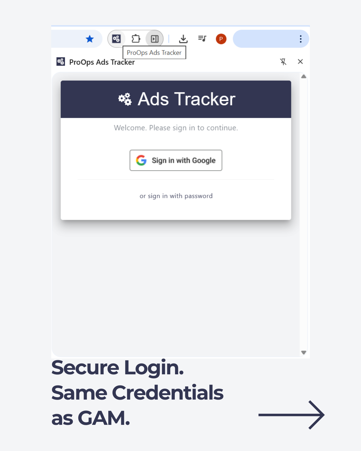 ProOps Ads Tracker Chrome extension login popup with 'Sign in with Google' button and note: 'Secure Login. Same Credentials as GAM.