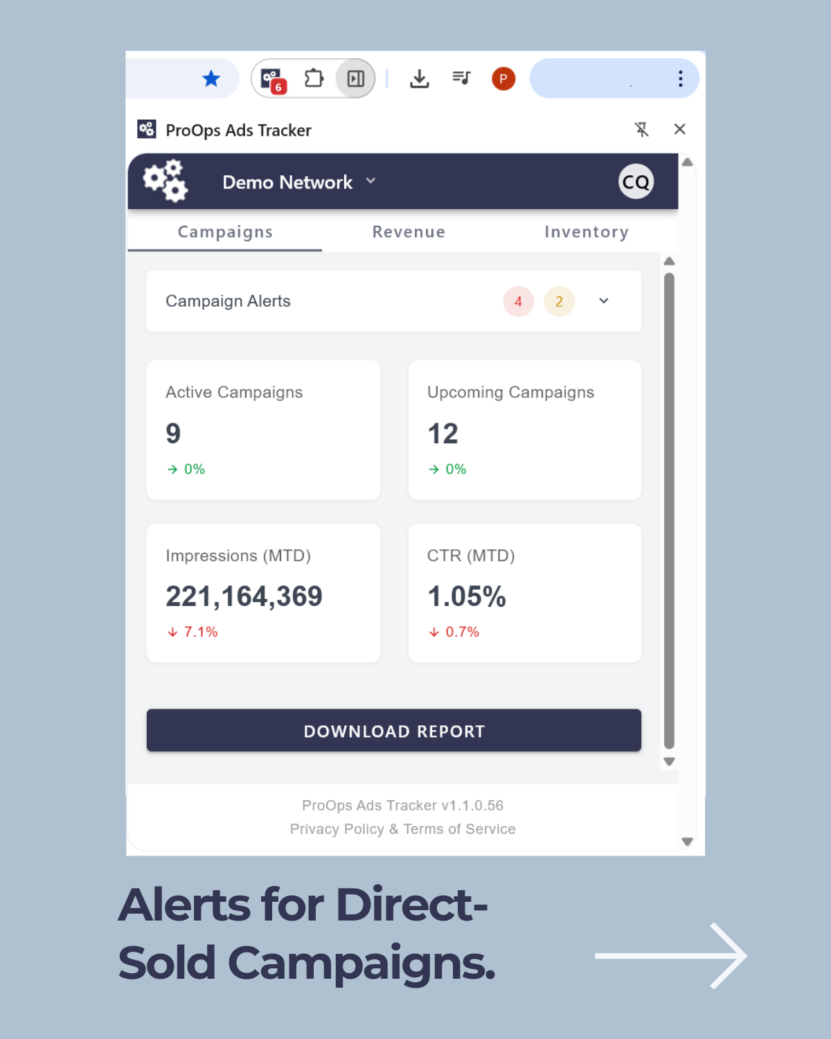 ProOps Ads Tracker Campaigns tab popup for Demo Network: alerts (4 red, 2 yellow), metrics like Active Campaigns (9, 0%), Upcoming (12, 0%), Impressions MTD (221,164,369 down 7.1%), CTR MTD (1.05% down 0.7%).