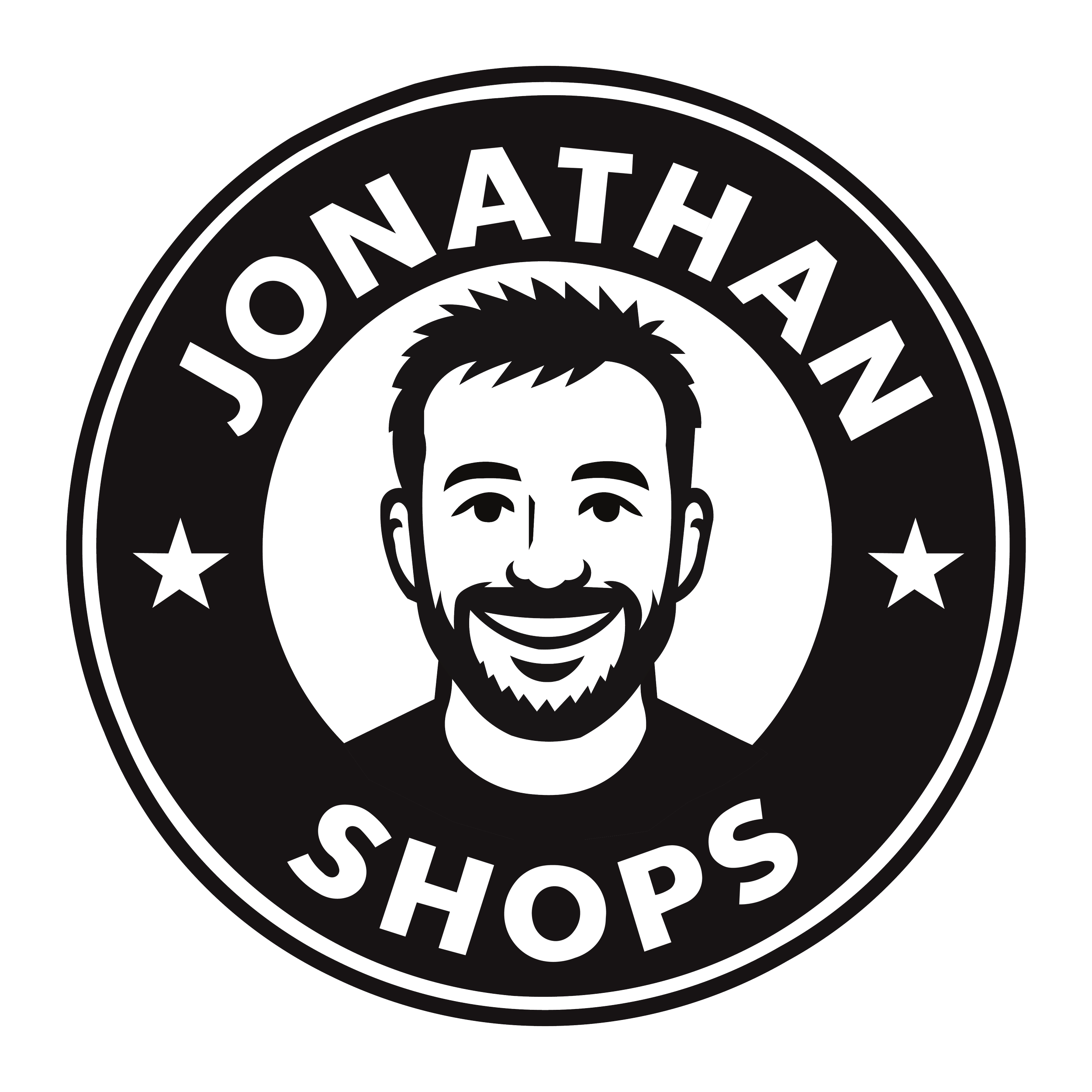 Logo with a smiling man’s face in the center, surrounded by the text 'Jonathan Shops' and two stars.