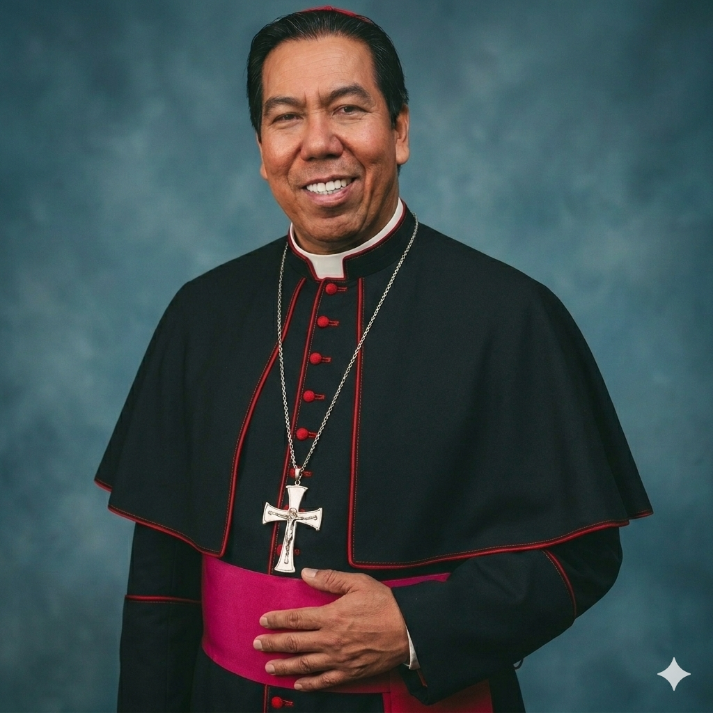 A clergyman in traditional Catholic attire, wearing a black cassock with red piping and a large silver cross necklace, standing in front of a wooden bookshelf filled with books and decorative items, smiling at the camera.