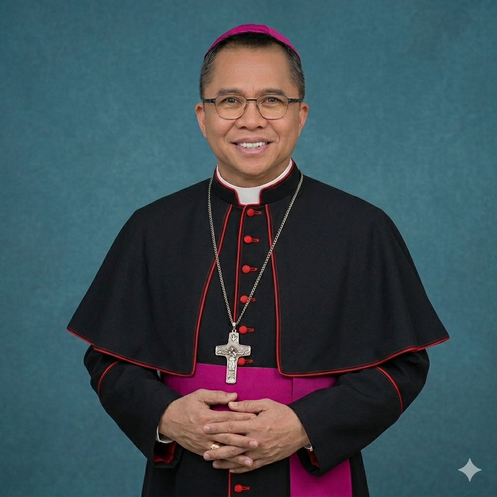 Man in a purple clerical robe with glasses, smiling, wearing a green and gold clergy necklace with a large silver cross pendant.
