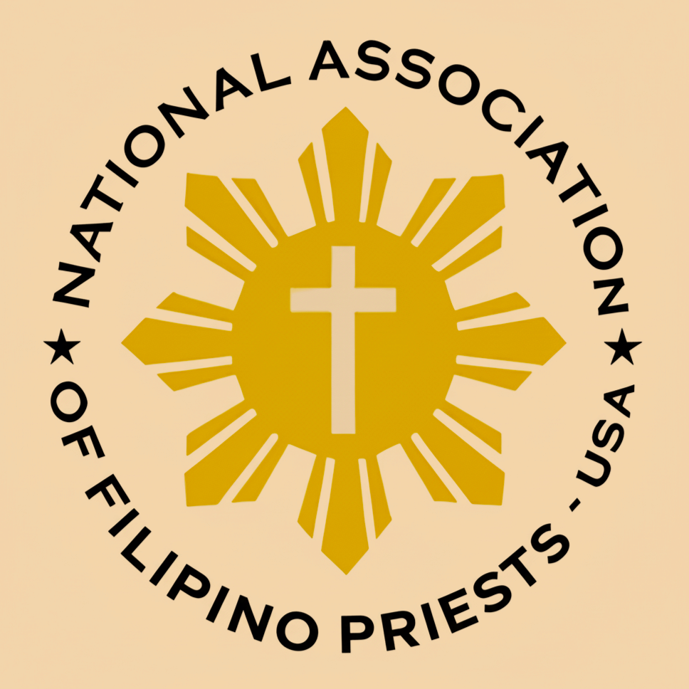 Seal of the National Association of Filipino Priests, U.S., featuring a gold sunburst with a cross at the center.