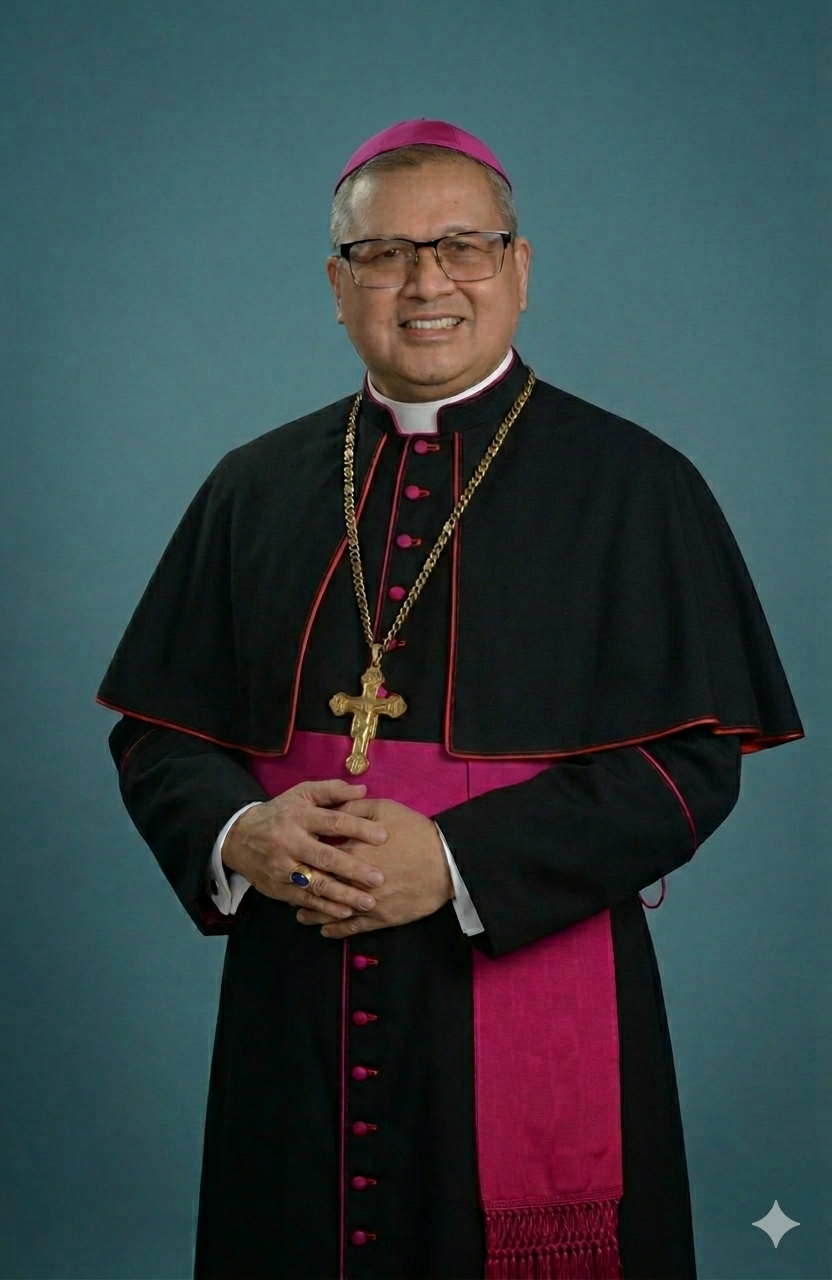A clergyman in religious attire, wearing glasses, a purple cape with red trim, and a cross necklace, standing against a neutral background.