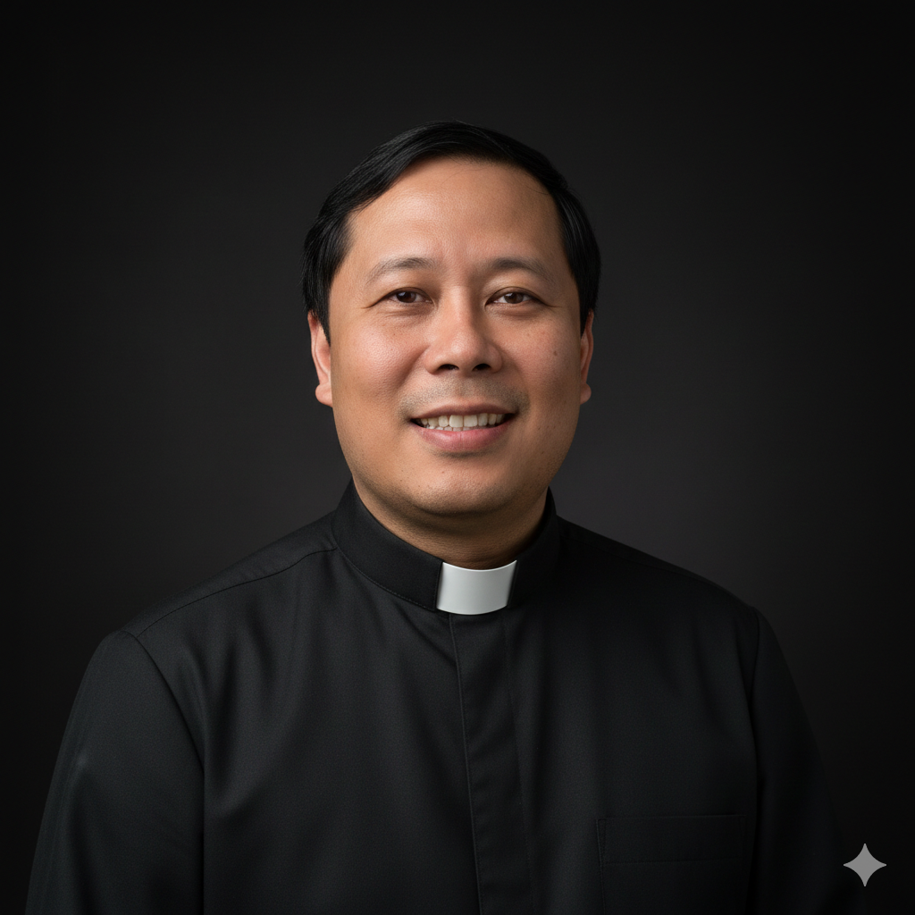 Portrait of a smiling male priest wearing a black clerical shirt with a white clerical collar, posed against a dark background.
