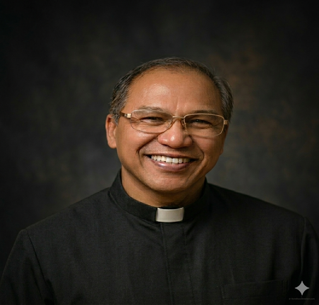 Portrait of a Catholic priest wearing glasses and a black clerical shirt with a white collar, smiling softly against a dark background.