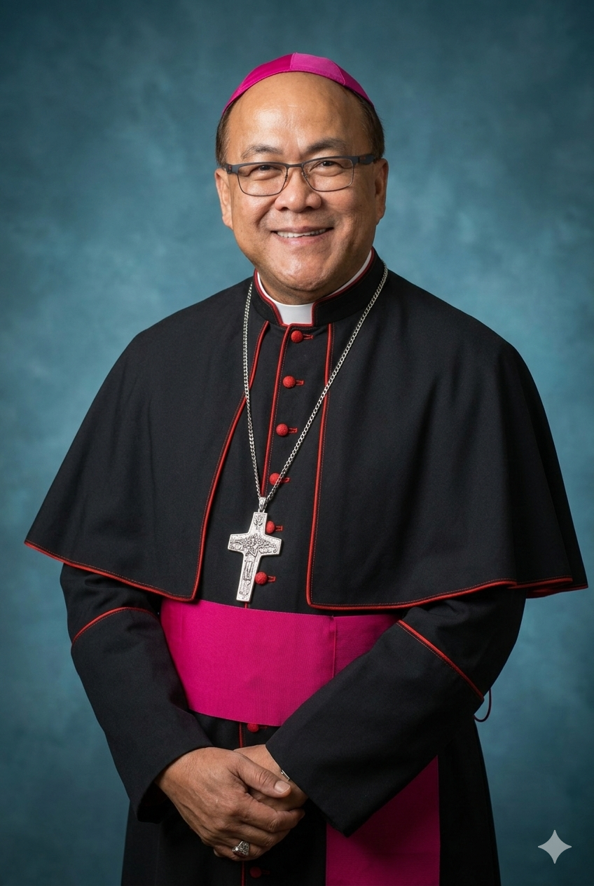 A smiling bishop in black clerical attire with pink accents, wearing a pink zucchetto and a large silver cross necklace, standing in front of a religious portrait painting.