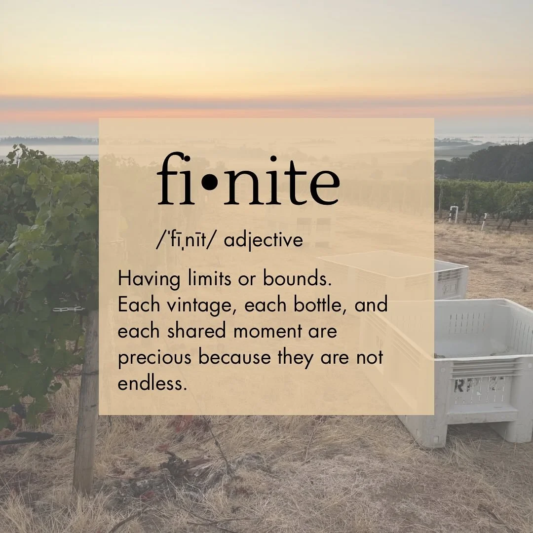At Finite Cellars, everything we do is rooted in the idea of &ldquo;finite.&rdquo;
Finite wines that capture a single place and time.
Finite resources that call us to care for the earth.
Finite family and community that make each moment meaningful.

