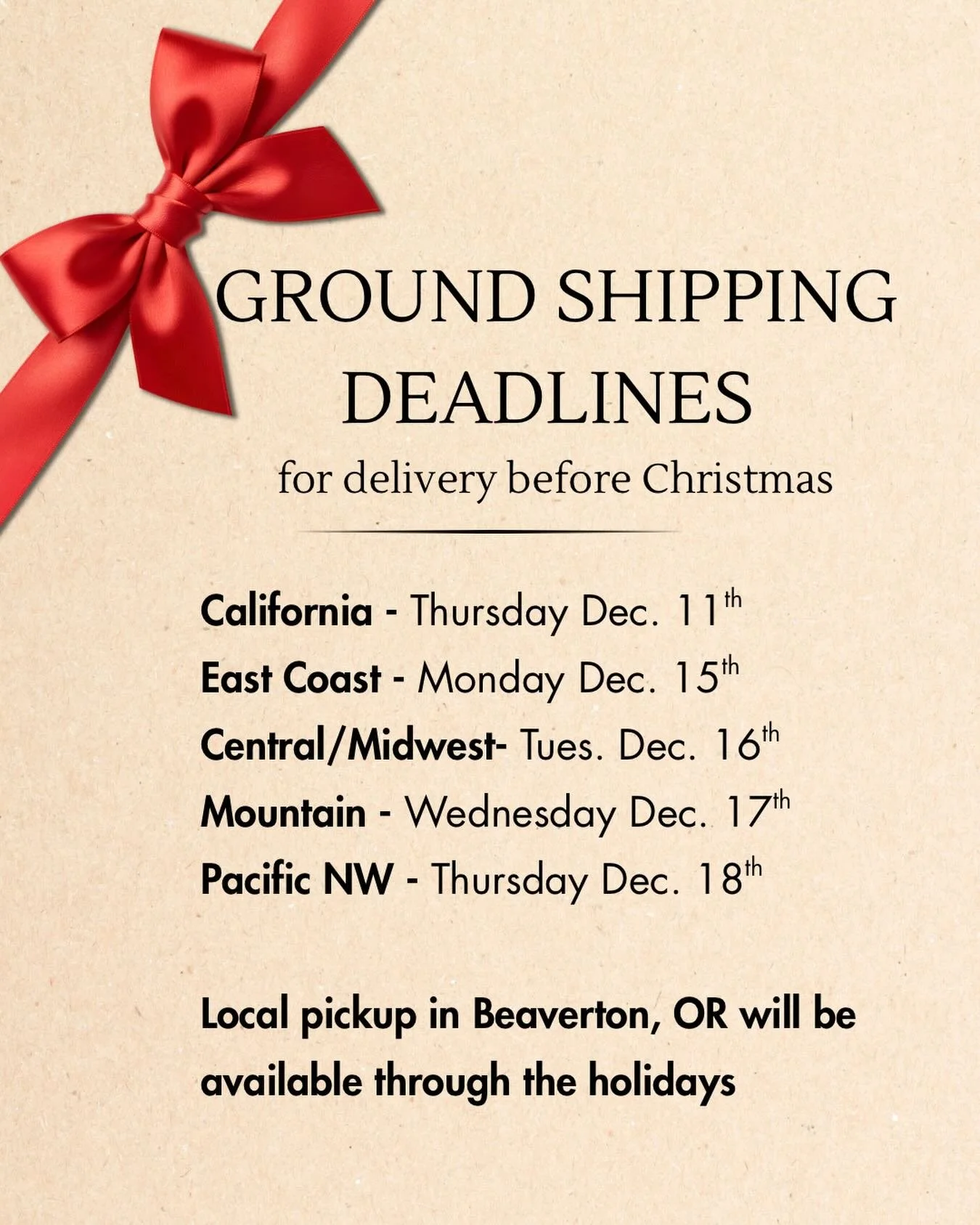 Tis the season for shipping deadlines!  We think our wine will make a fantastic gift for under the tree this year 🎅 but be sure to order by the deadline to assure ground shipping delivery before the 25th.