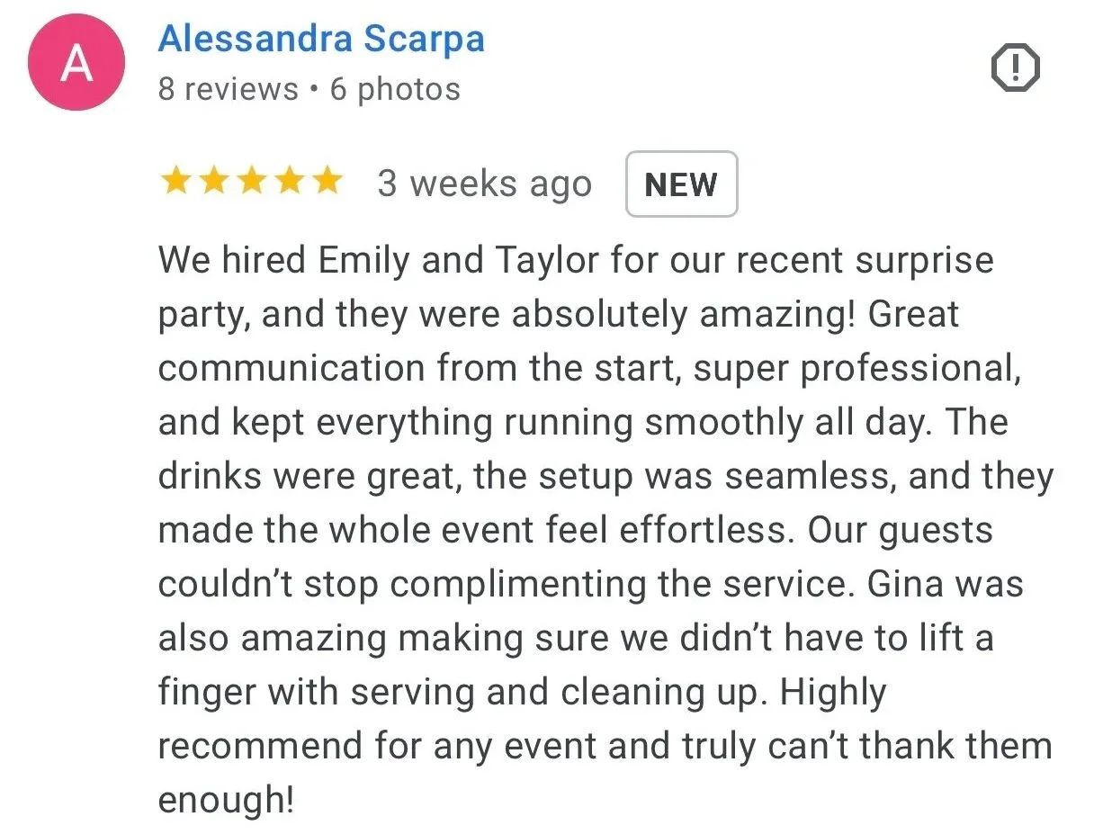 Screenshot of a Google review for a catering or event service, praising the professionalism, service, and staff such as Emily, Taylor, and Gina.