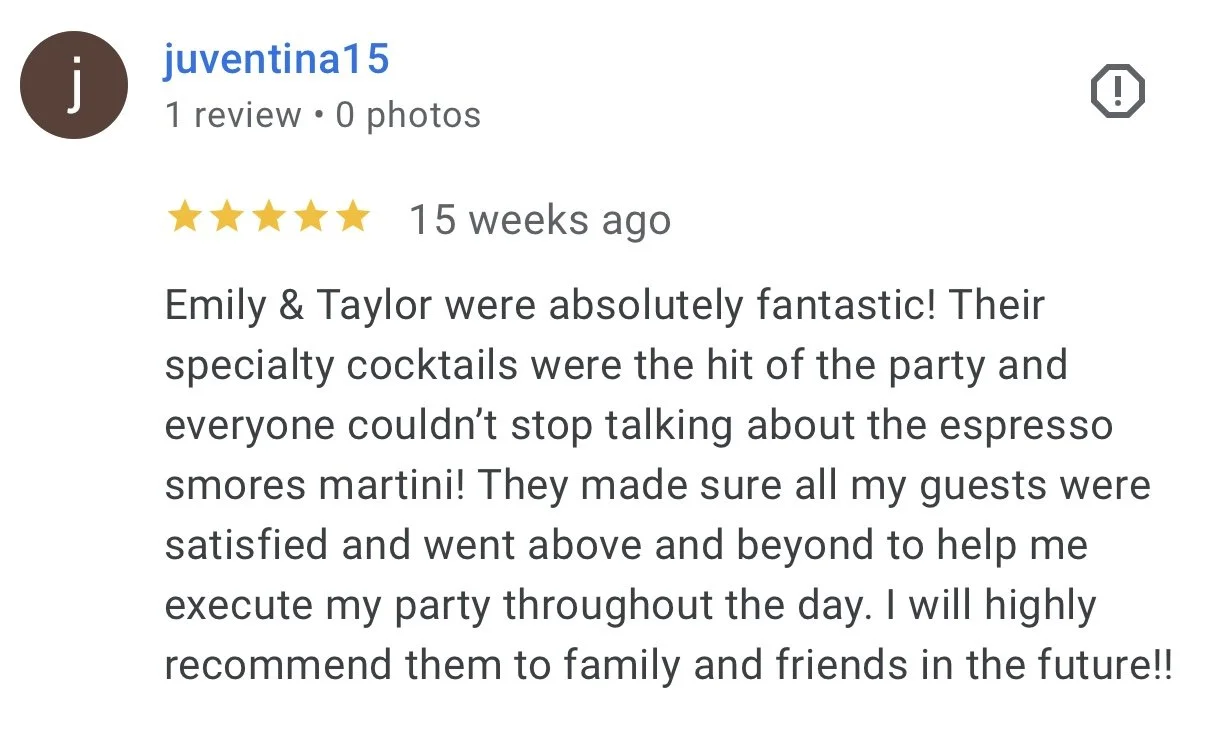 Screenshot of a 5-star online review by juventa15 praising Emily and Taylor for their cocktail service at a party.