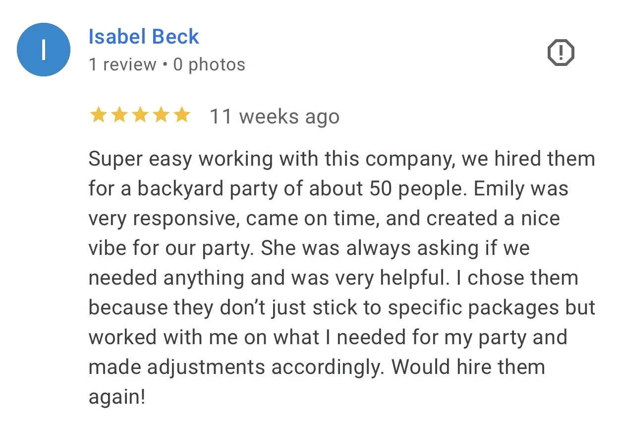 Screenshot of a customer review for a company on an online platform, mentioning positive experience with Emily, who was responsive, helpful, and adaptable for a backyard party of about 50 people.