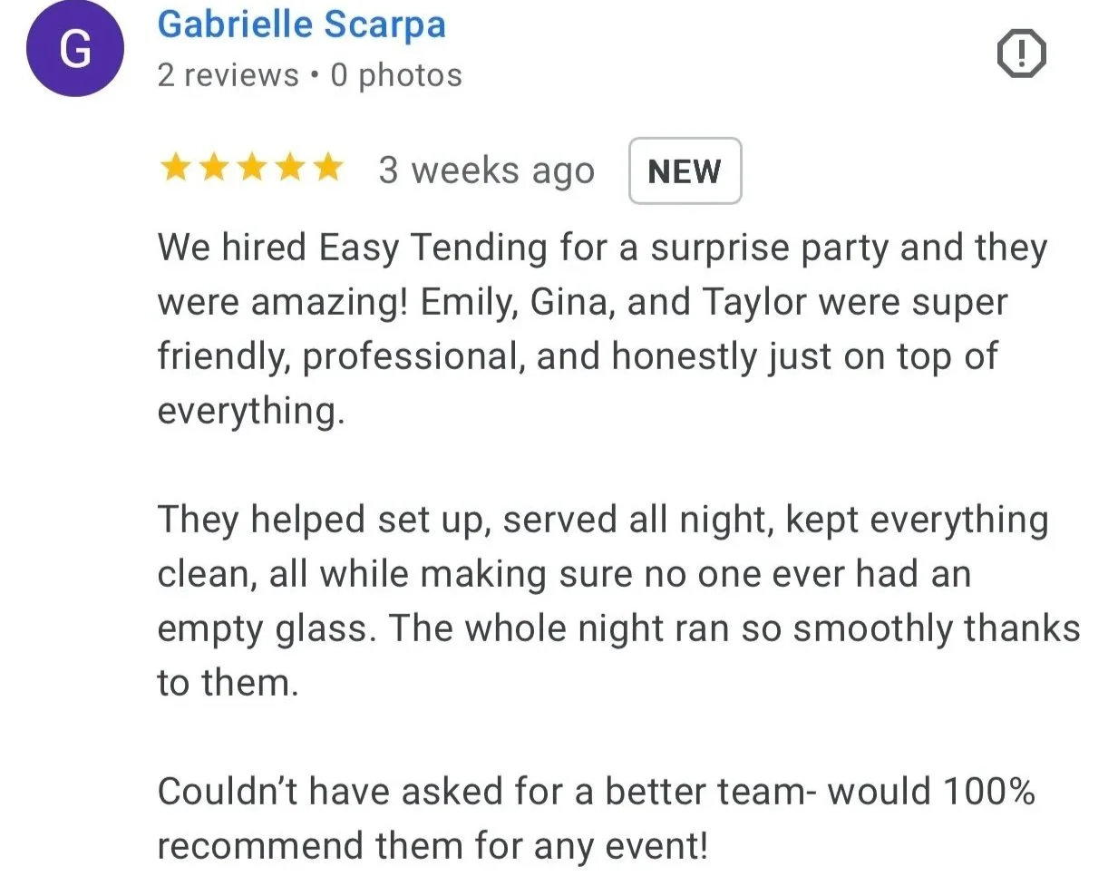 Screenshot of a 5-star review for Easy Tending, praising Emily, Gina, and Taylor for their professionalism and friendliness during a surprise party setup.