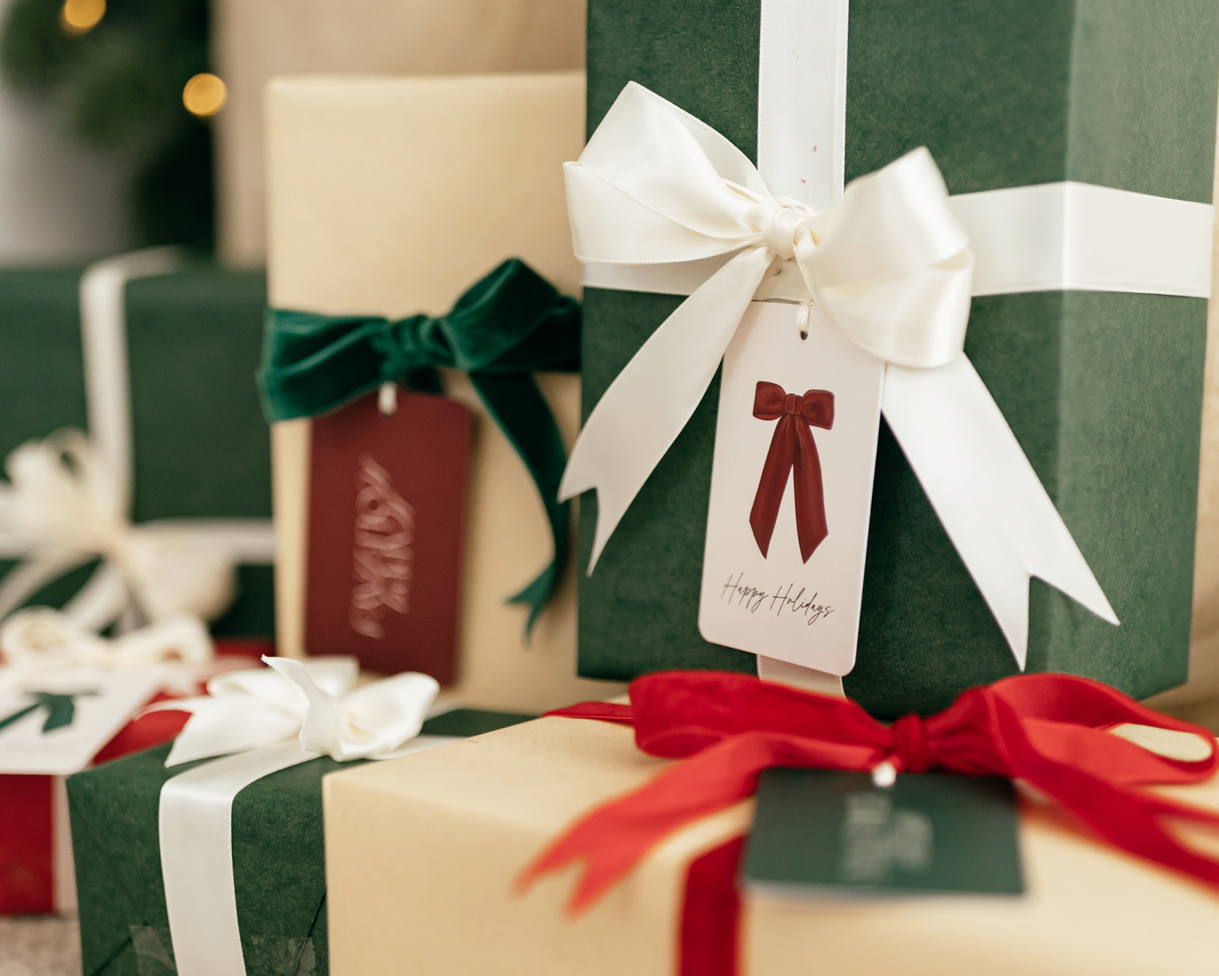 Elegant deep maroon velvet bow 'Merry Christmas' Christmas gift tag with script font