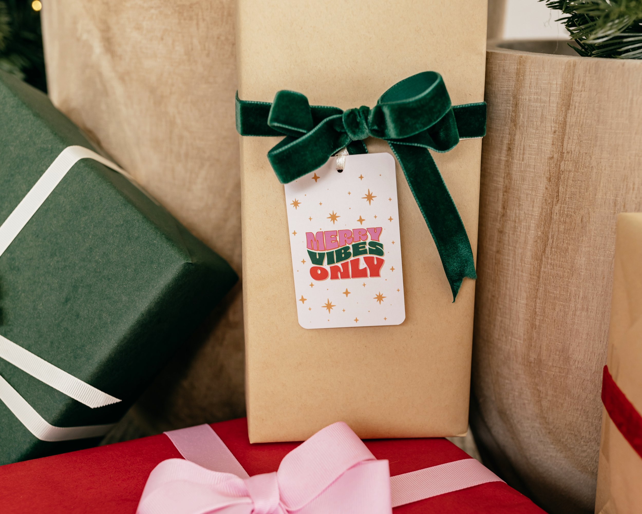 Sassy and fun 'Merry Vibes Only' Christmas gift tag in pink, green and red