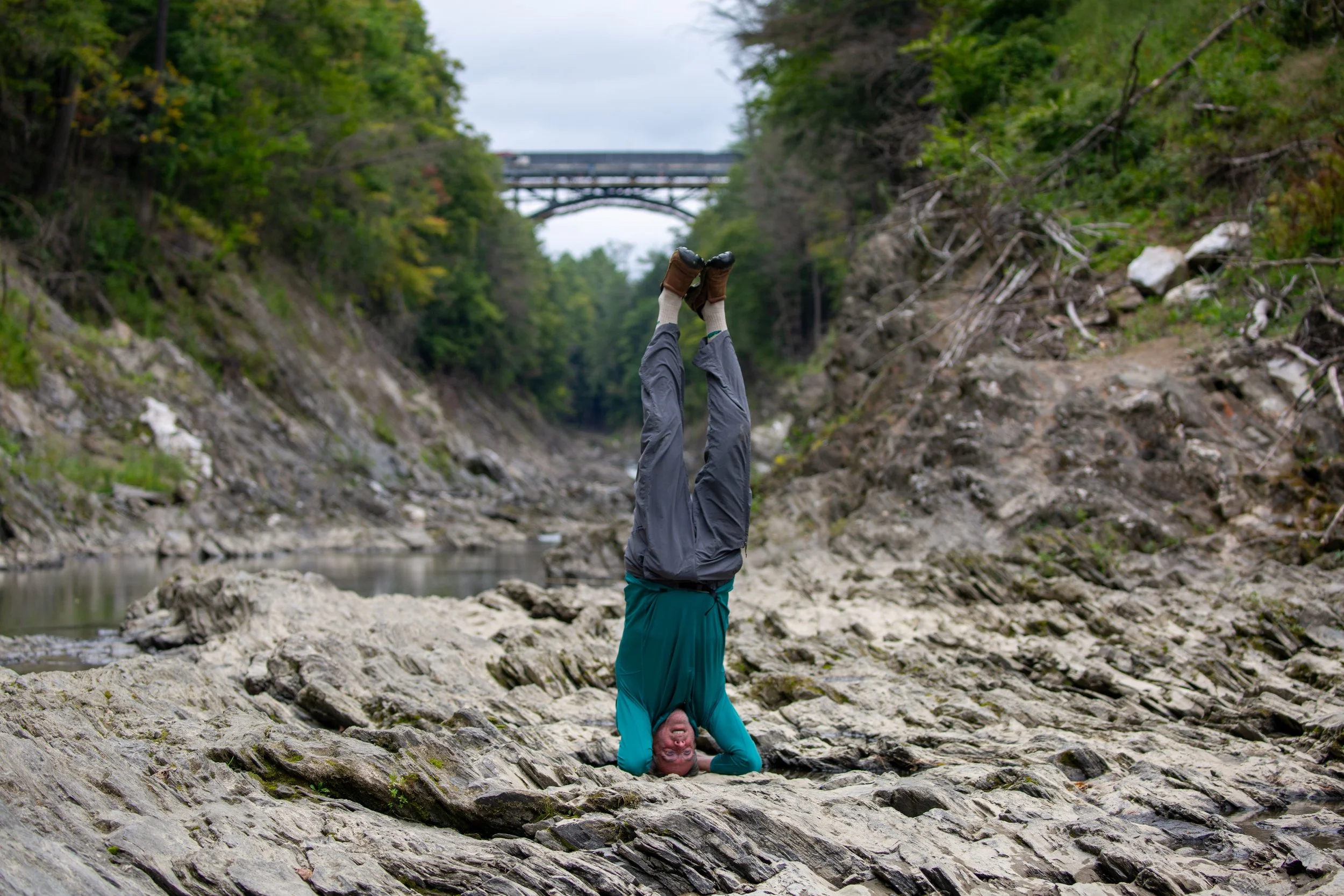 Mark Jahns doing a headstand at Quechee Gorge, Vermont.
