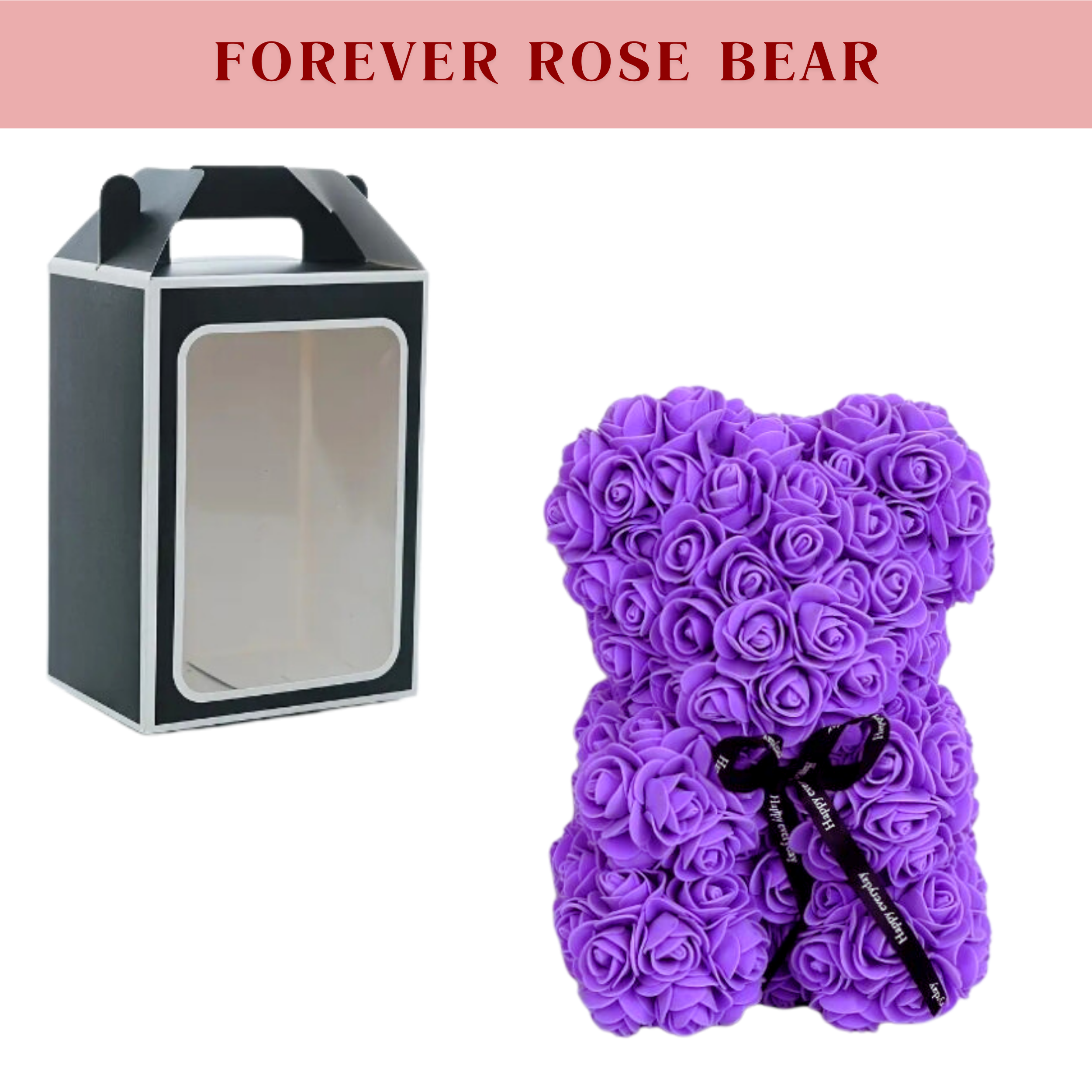 Handmade Forever Rose Teddy Bear - Medium 25cm - With Bow Tie in Black Transparent Window Gift Box