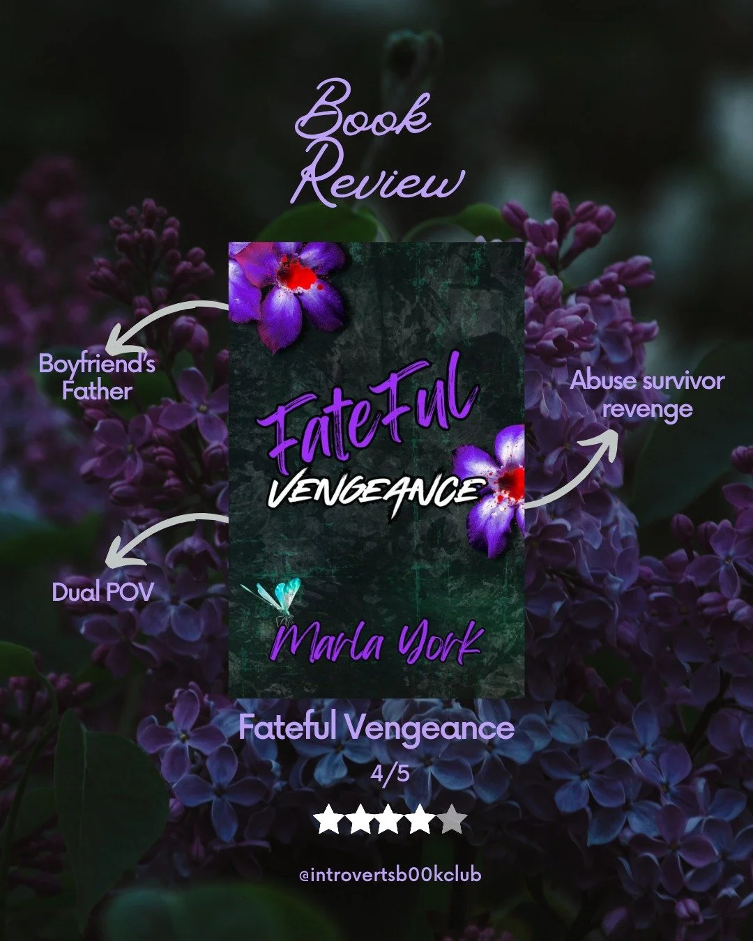 🔪💜Fateful Vengeance by Marla York - Out Today!
Rating: 4/5

Spice: 4/5

Plot: 5/5

Primary Genre: Dark Romance

Blurb: 

Control, pain, and sorrow are all I&rsquo;ve ever known. When something inside me snaps one night after too many cracks in my s