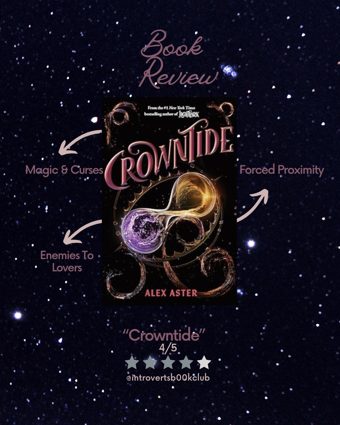 Crowntide by Alex Aster

Rating: 4/5

Spice: 2/5

Plot: 4/5

Primary Genre: Young Adult Fantasy Romance

Blurb:  Some worlds deserve to be destroyed . . .

Isla Crown has charted a new destiny and leapt into the unknown, determined to defeat her insi