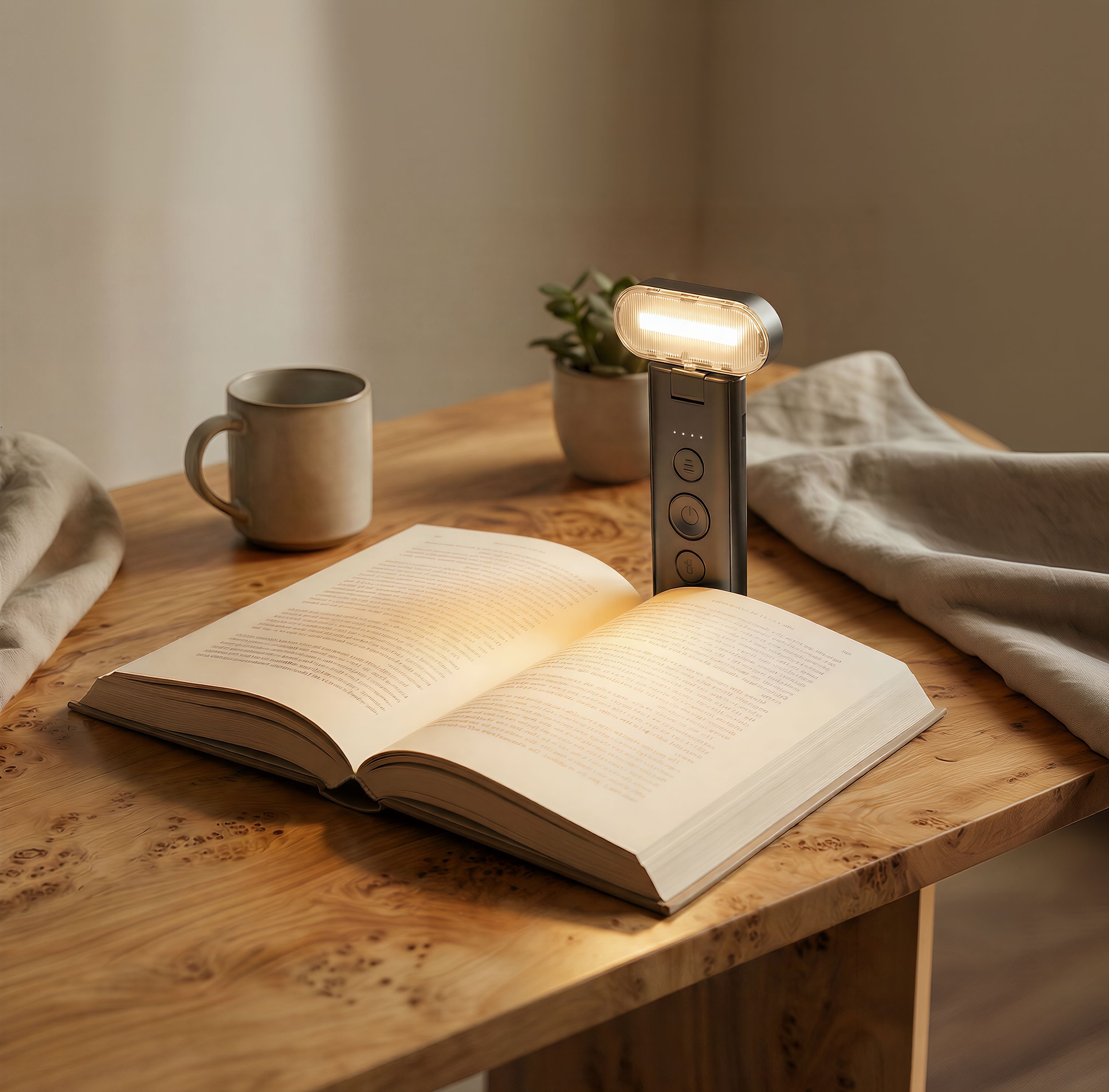 A wooden table with an open book, a white ceramic mug, a small potted plant, a beige cloth, and a handheld light with buttons, set against a plain beige wall.