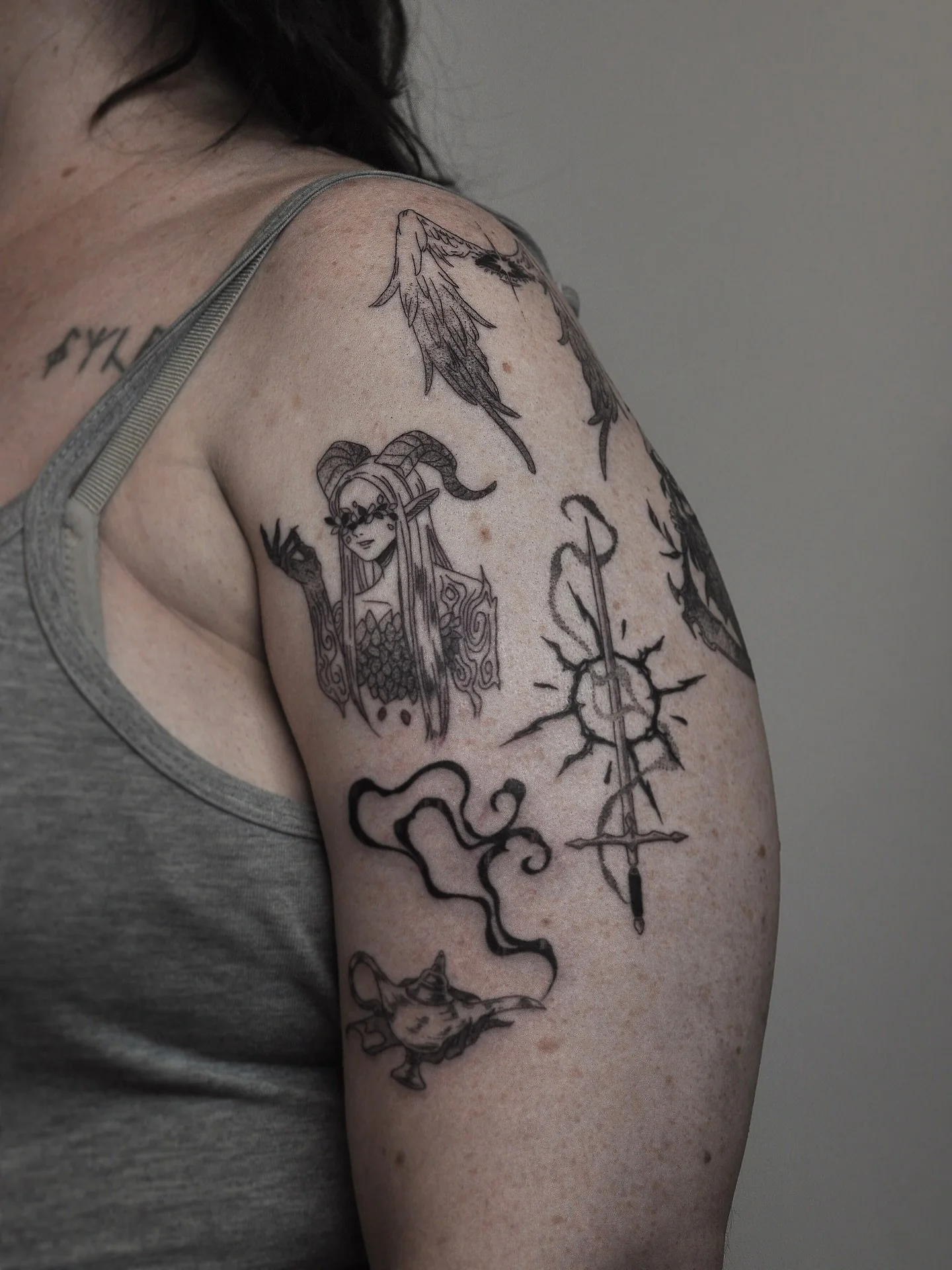 [WIP] First session of the DND sleeve for Tegan 🎲
5/9 warlock subclasses (will post the completed sleeve soon!)

Challenging piece to plan out (we mostly figured it out on the day) but Tegan sat like a rock, so tattooing went by super smoothly 🙏🏻
