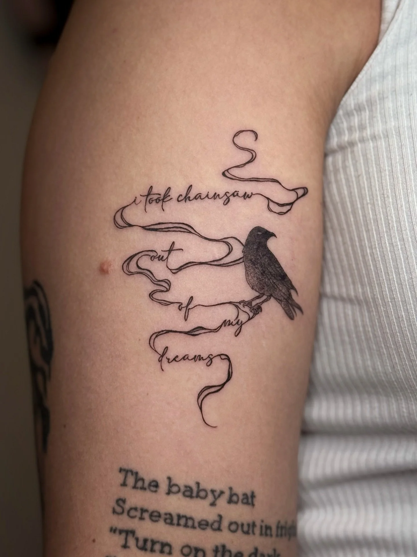 &lsquo;I took Chainsaw out of my dreams&rsquo; - Ronan Lynch, The Raven Boys 🐦&zwj;⬛ 

One of the many tattoos I did for Ebonny late last year !

Slowly going through old tattoo photos since I have so much backlog 😅

#sydneytattoo #scripttattoo #th