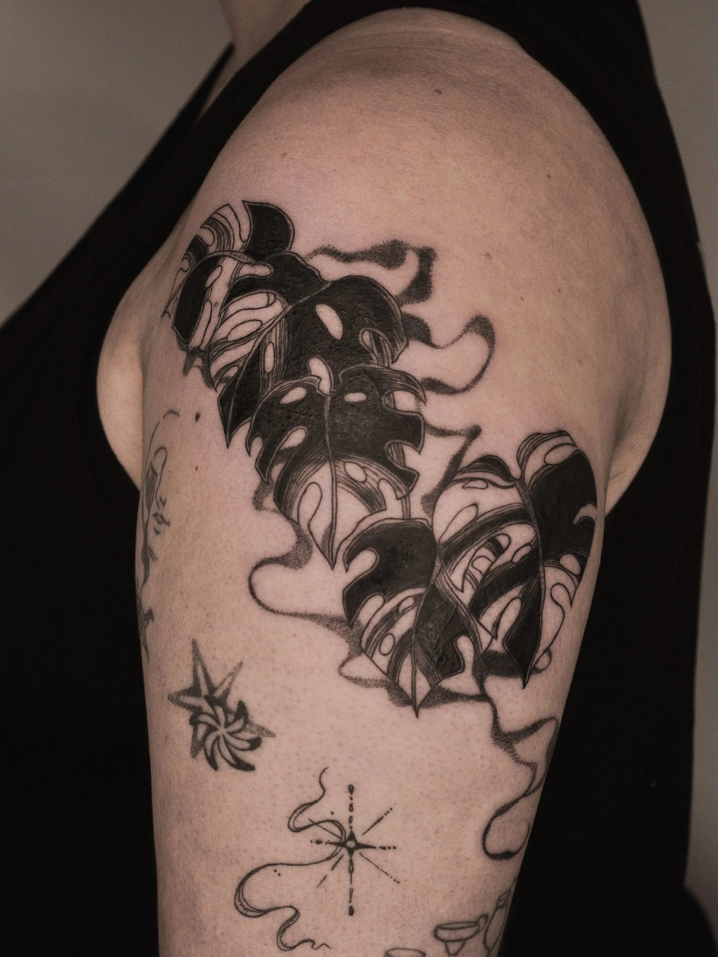 [Cover up] Monstera for Ellie 🌿
All freehand as it was easier to cover up everything that way !
(swipe to see before + some process)

Oct Bookings open 💌
Please use my booking form (linked in bio) or DM for enquiries !

#illustrativetattoo #blackwo
