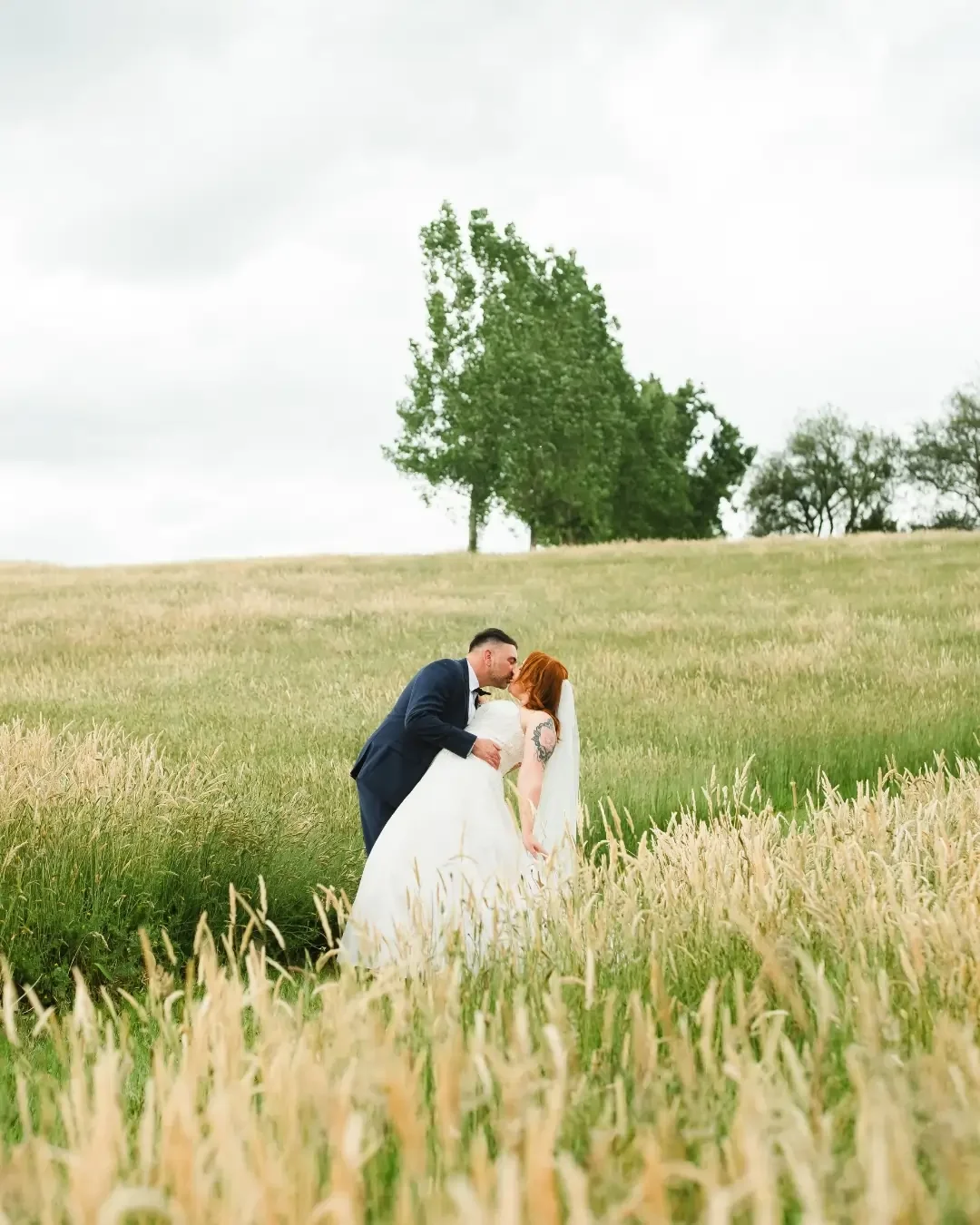 Bride and groom sharing a kiss in a sunlit field during their outdoor wedding portrait session.