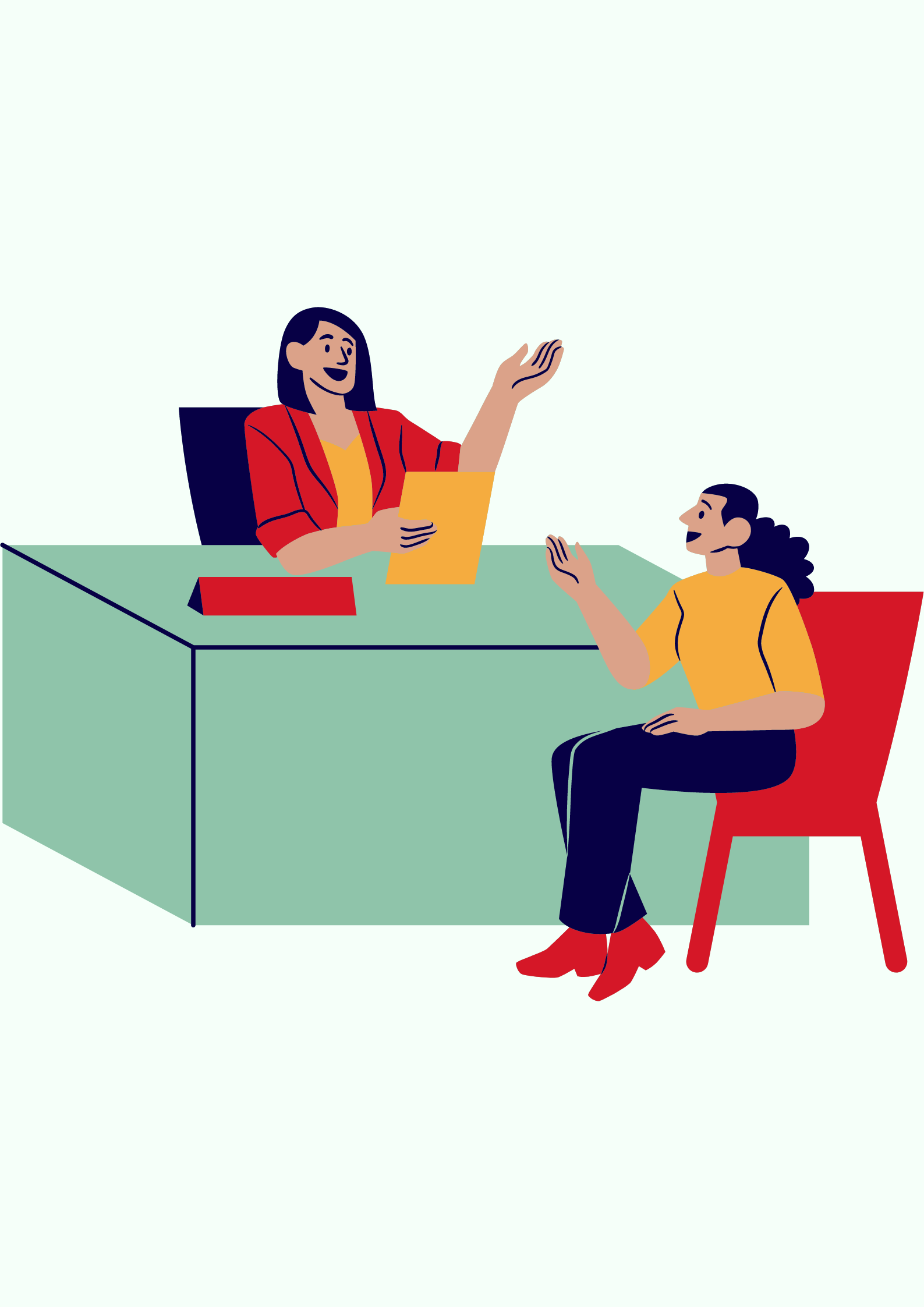 A picture of people discussing something over a table.