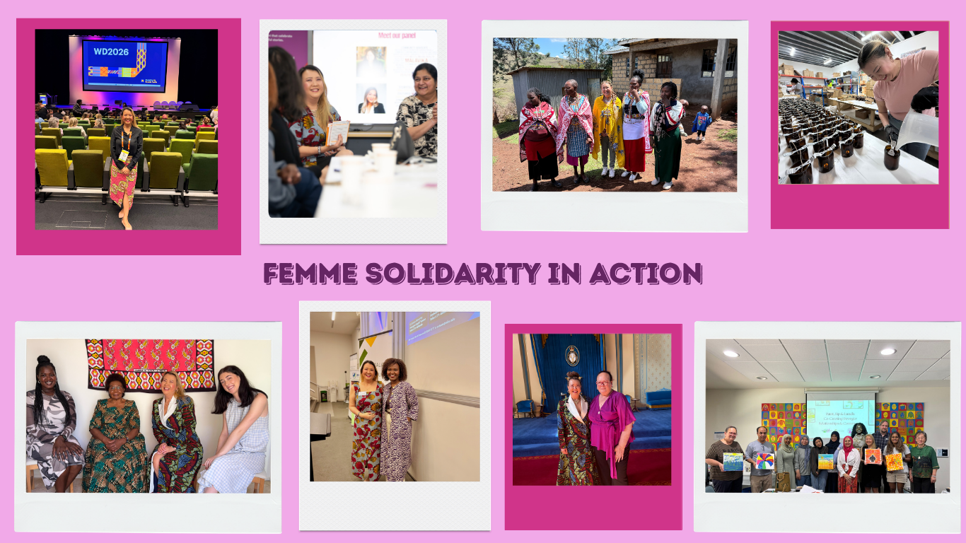 Collage of women participating in various activities and events promoting female solidarity, including speaking at conferences, group discussions, community gatherings, and cultural celebrations.