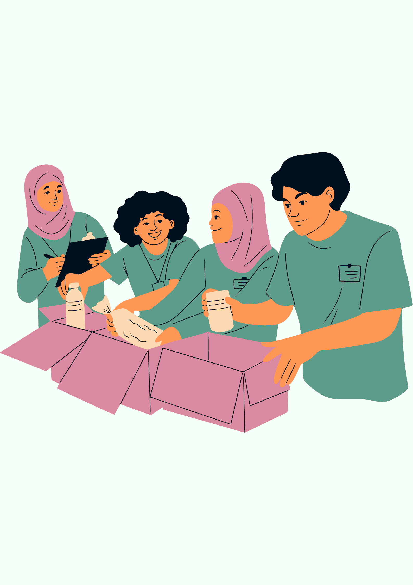An image of four people packing supplies like water, a bag, and what looks like medication for somebody in need.