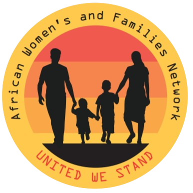 Logo of the African Women's and Families Network featuring an image of a family holding hands. Above the picture it says the name of the organisation and below the picture it says "UNITED WE STAND."