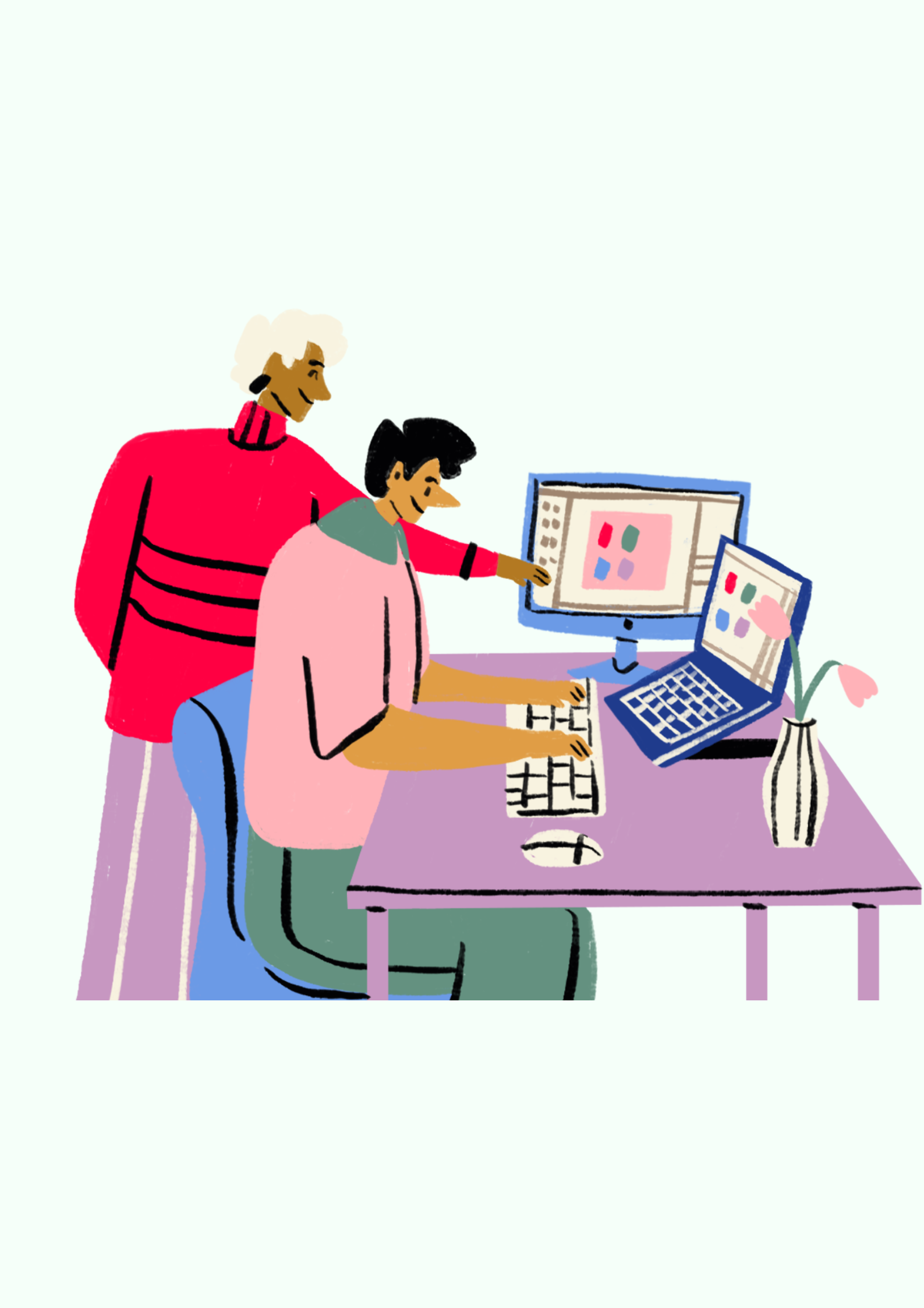 An image of one person looking over the shoulder of and contributing to the work someone else is doing on their computer.