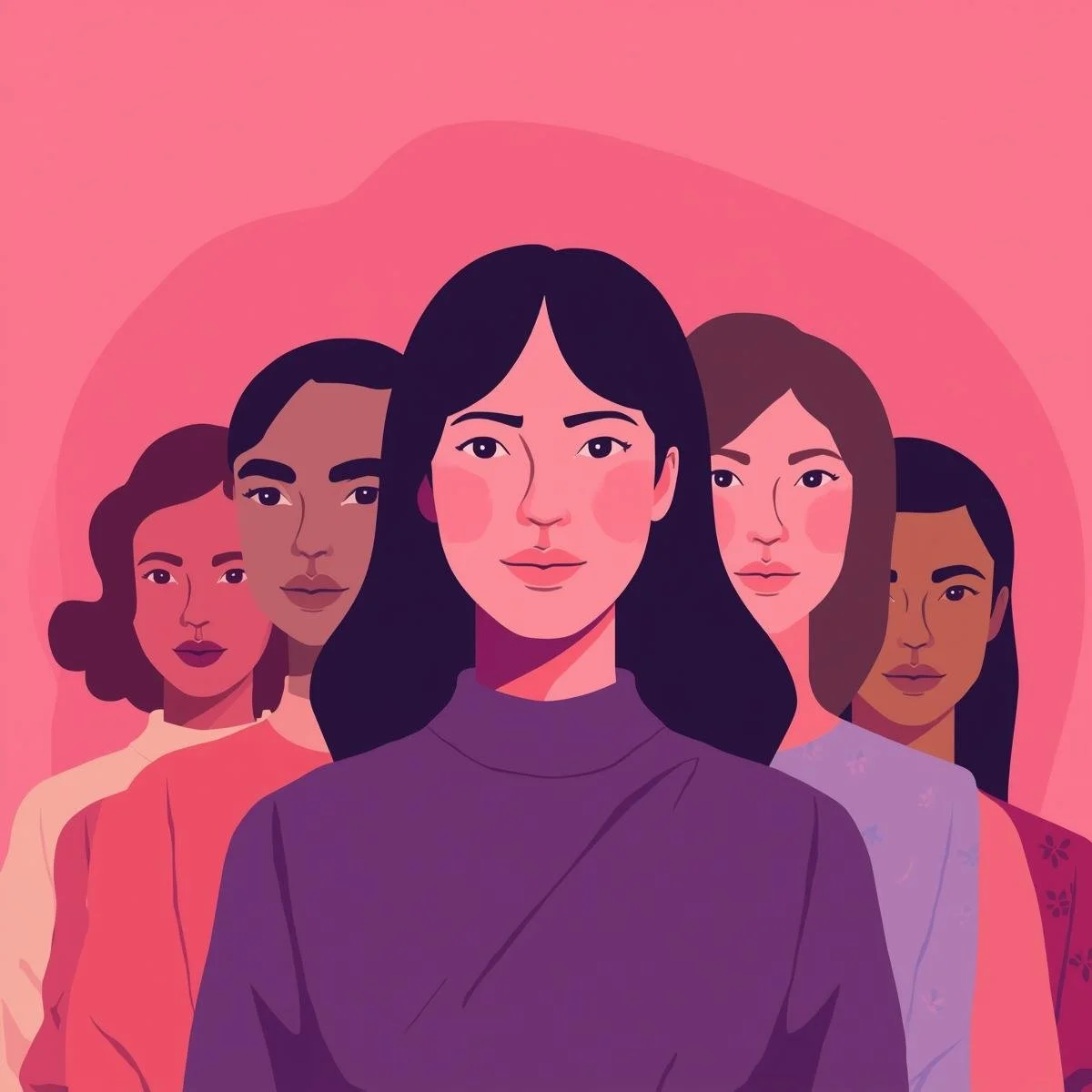 An illustration of five women with different skin tones and hairstyles standing together against a pink background.