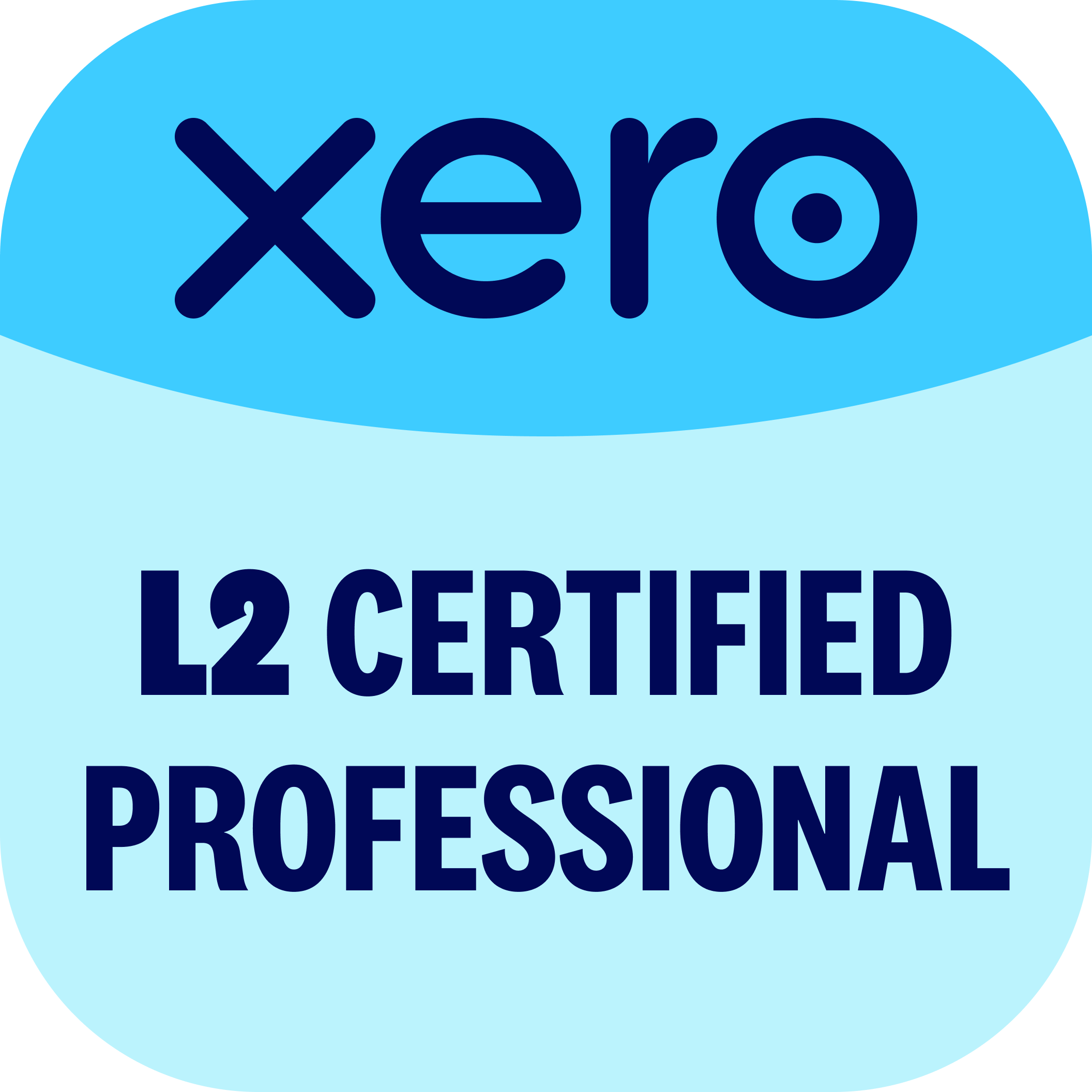 XERO: Blue certification badge with the words 'L2 CERTIFIED PROFESSIONAL' written in dark blue text.