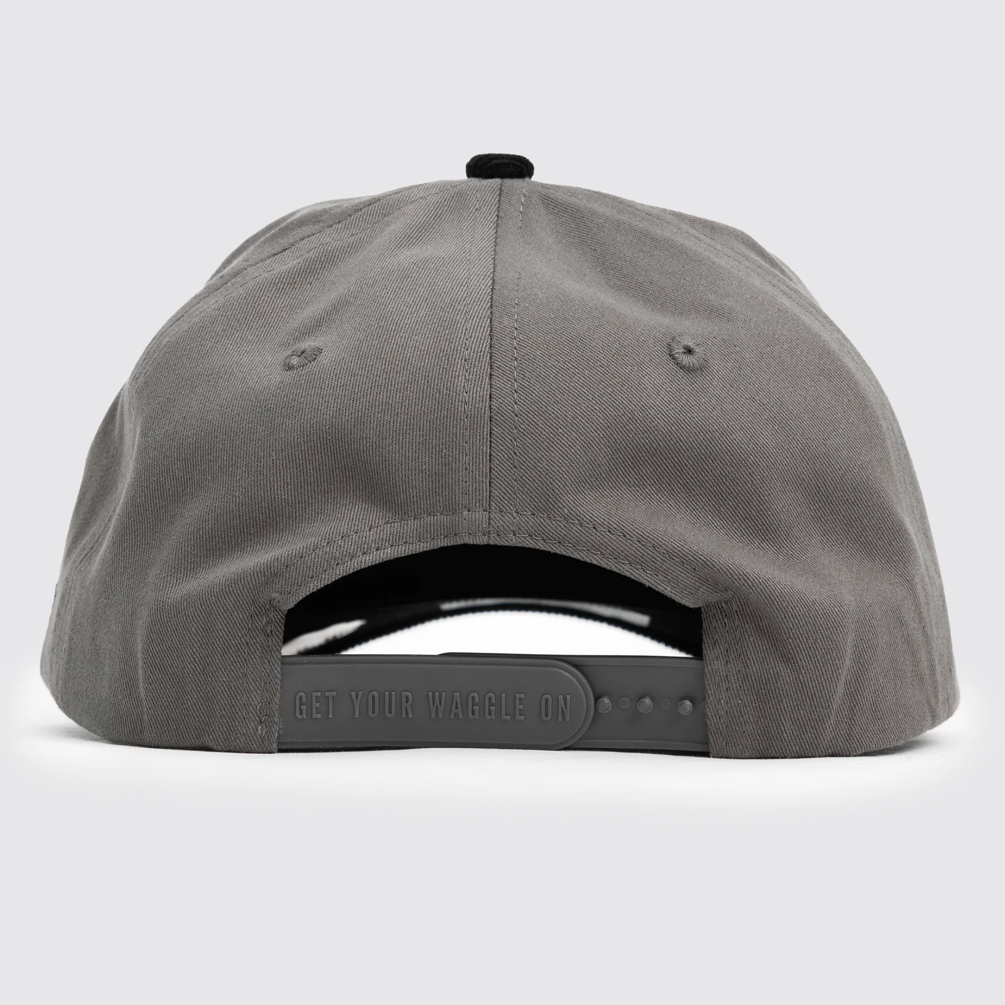 Waggle Grizz Corduroy Brim Hat, back view, grey with black corduroy adjustable snapback strap