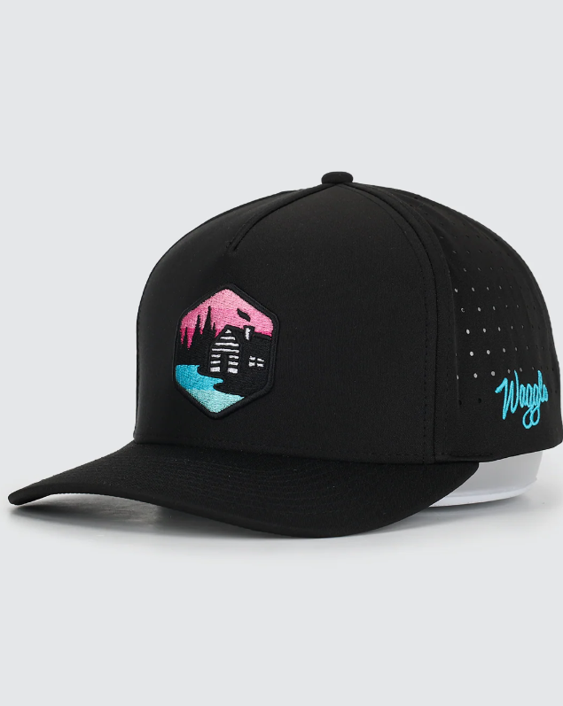Waggle Sunset Sauna hat, angled front view showing hexagon patch detail