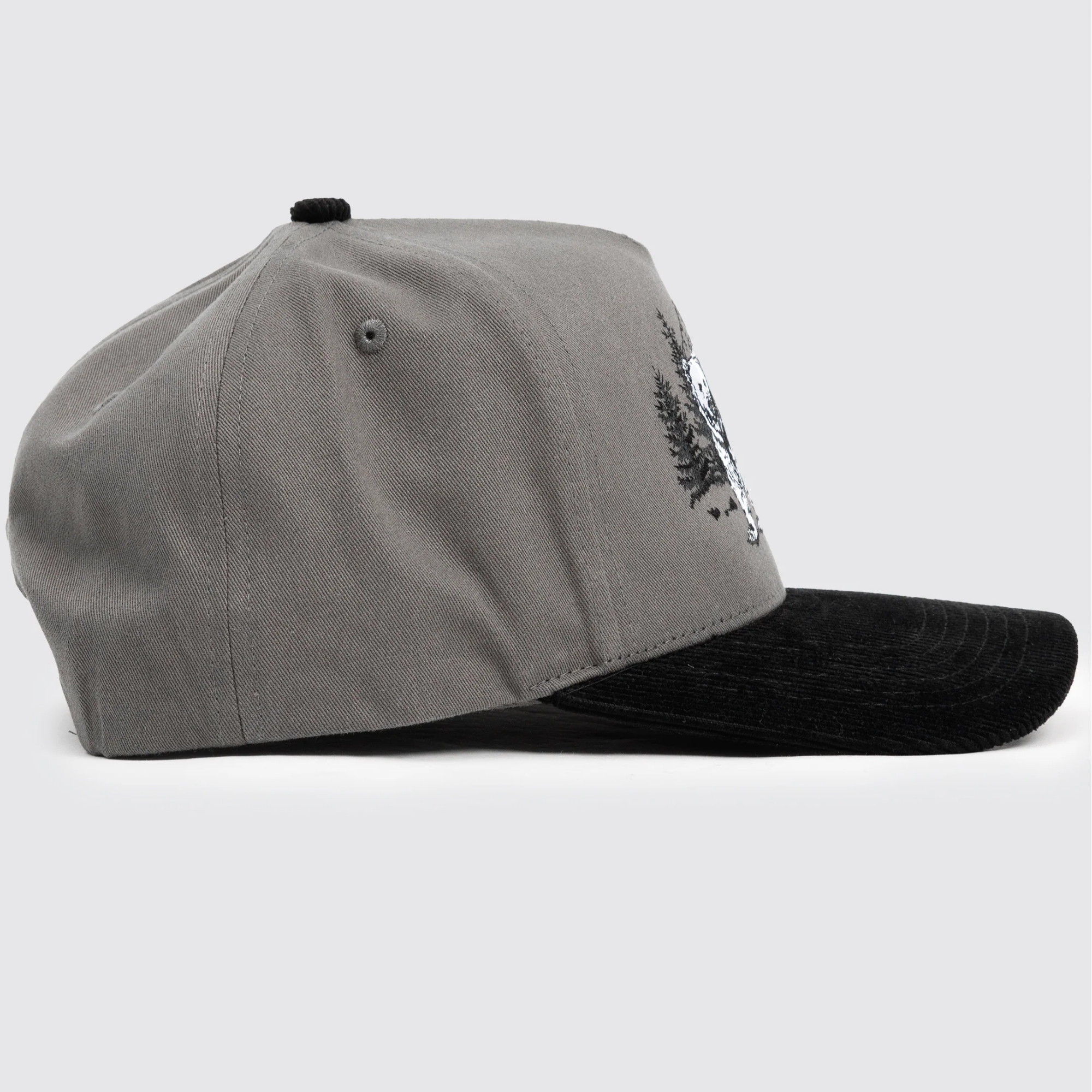 Waggle Grizz Corduroy Brim Hat, angled side view, grey with black corduroy brim and bear embroidery