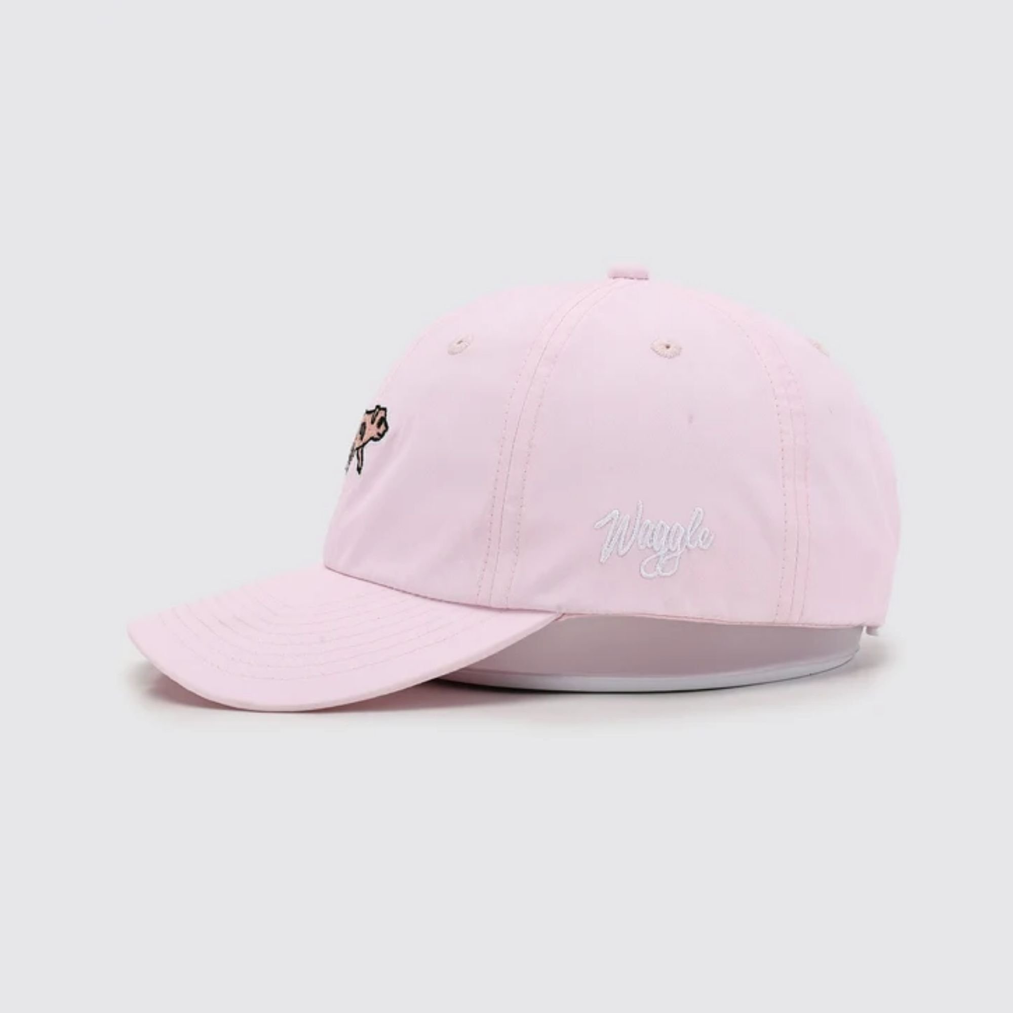 Waggle Babe Flight hat, pink, right side view with Waggle logo