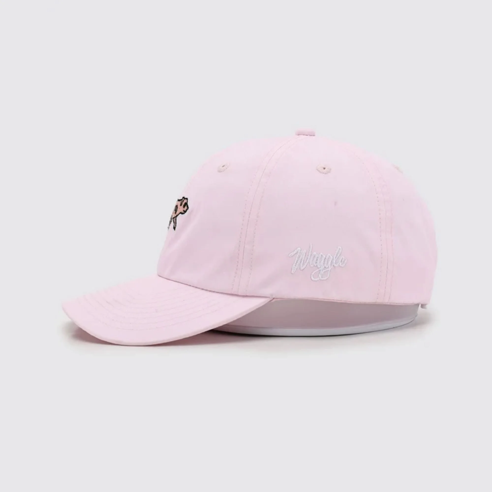 Waggle Babe Flight hat, pink, right side view with Waggle logo