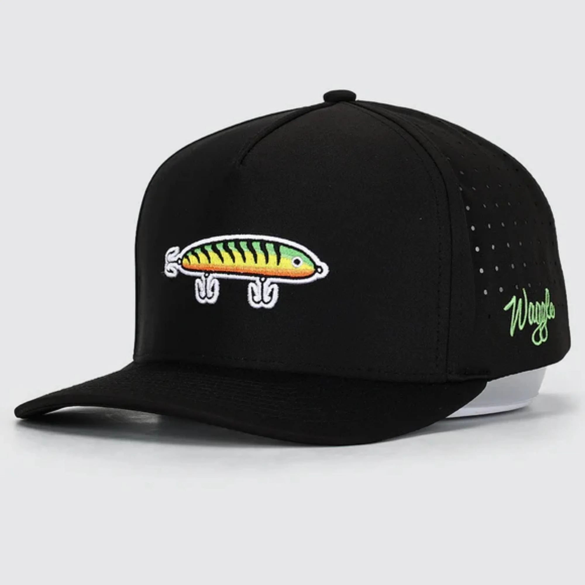 Waggle Lured In hat, angled front view showing fishing lure embroidery detail