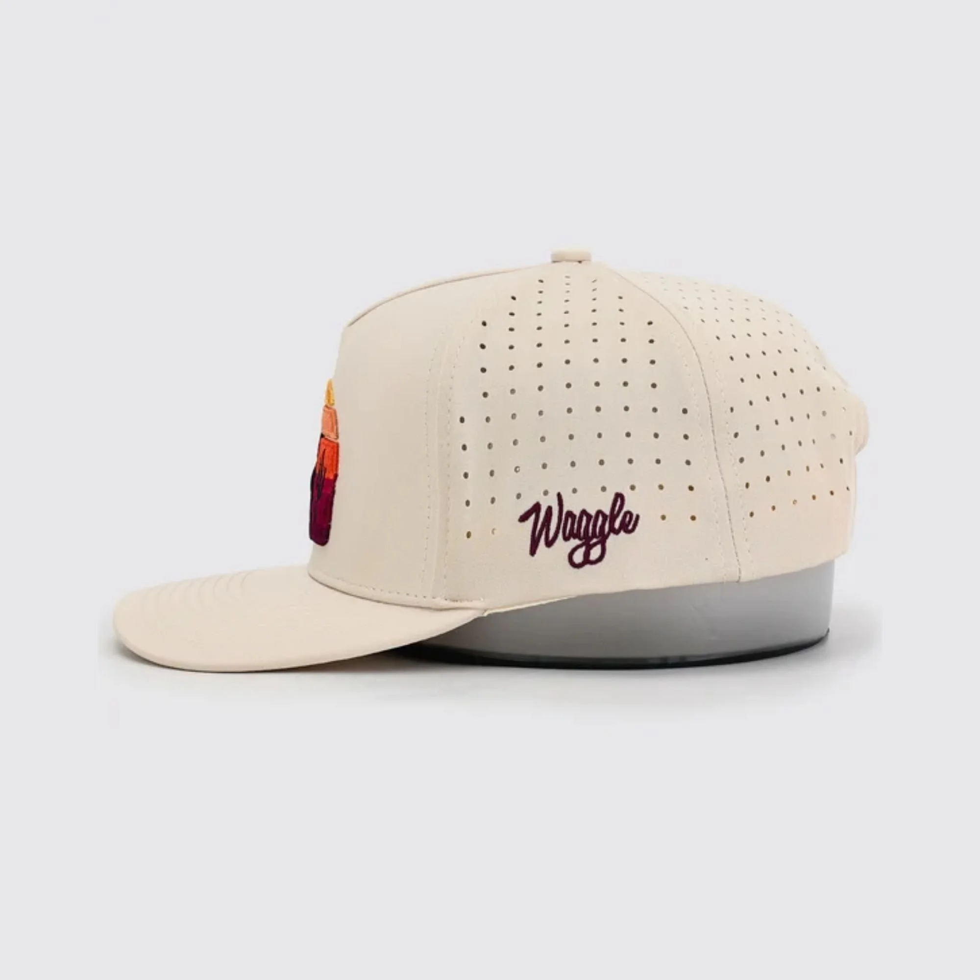 Waggle OB Outlaw hat, tan, right side view with Waggle logo