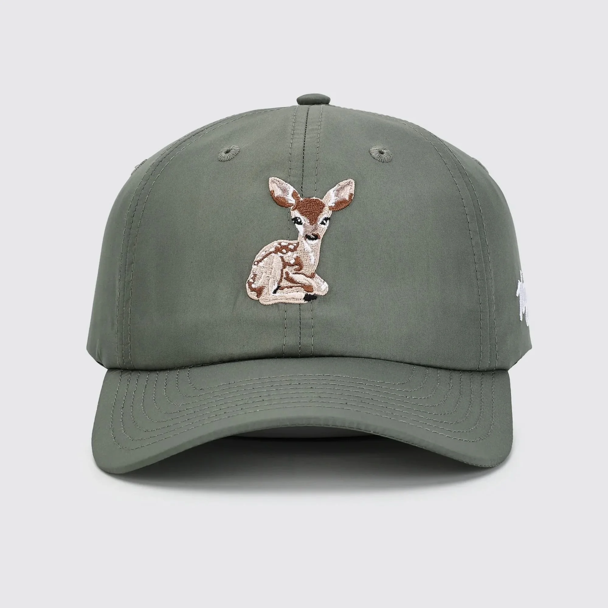 Waggle Doe-Eyed Flight hat, front view, sage with deer embroidery