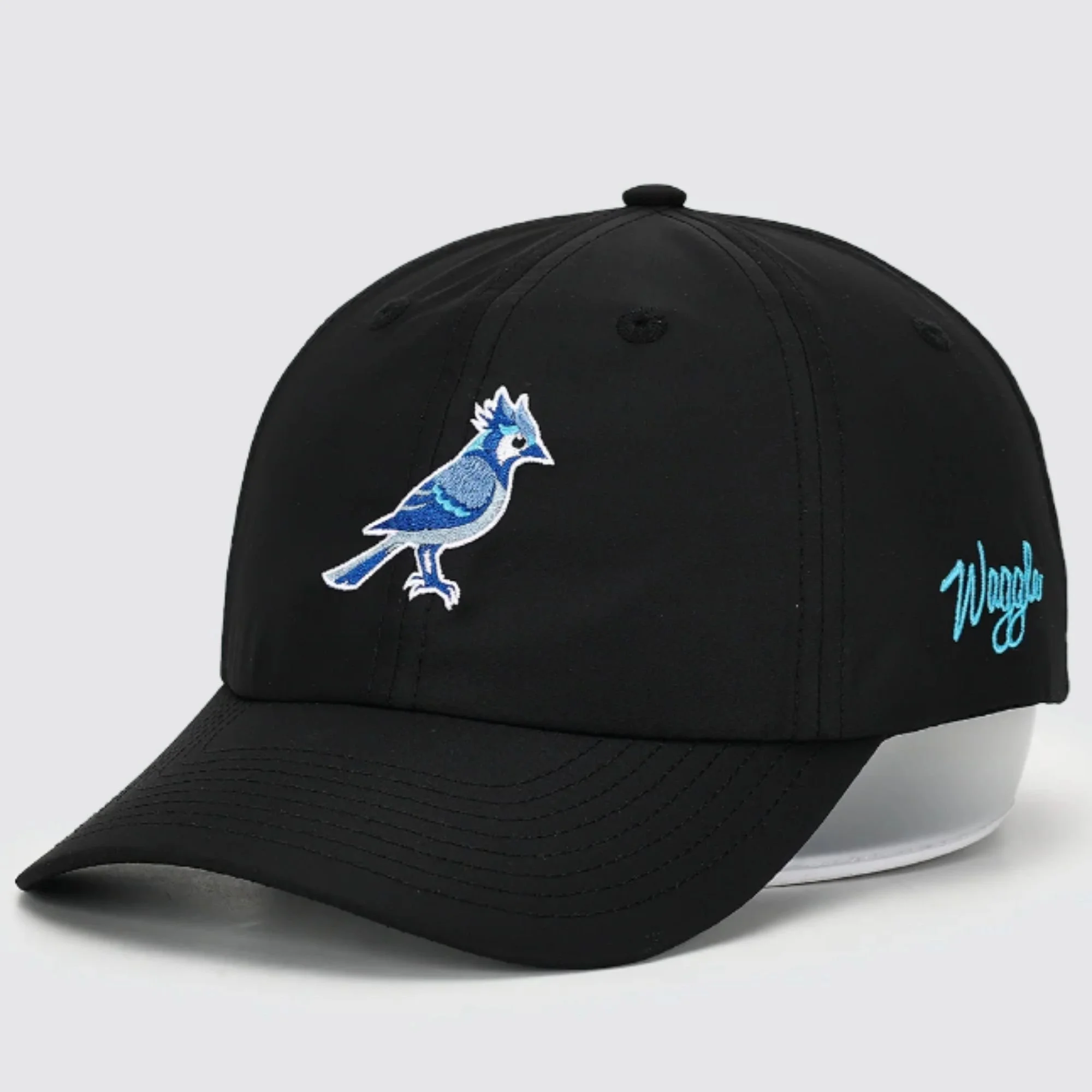 Waggle True Blue Flight hat, angled front view showing blue jay embroidery detail