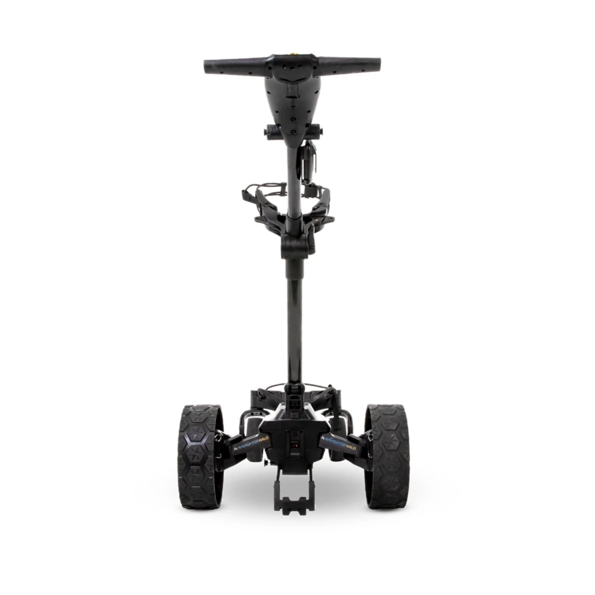 MGI Ai Navigator Halo remote control electric golf buggy, rear view showing all-terrain wheels and Navigator Halo branding