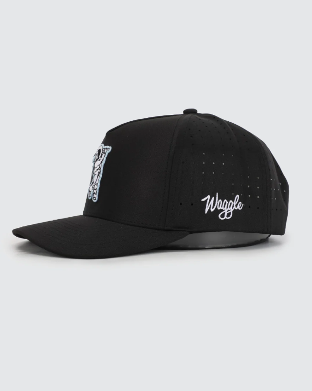 Waggle Moon Shot hat, side view with Waggle script logo