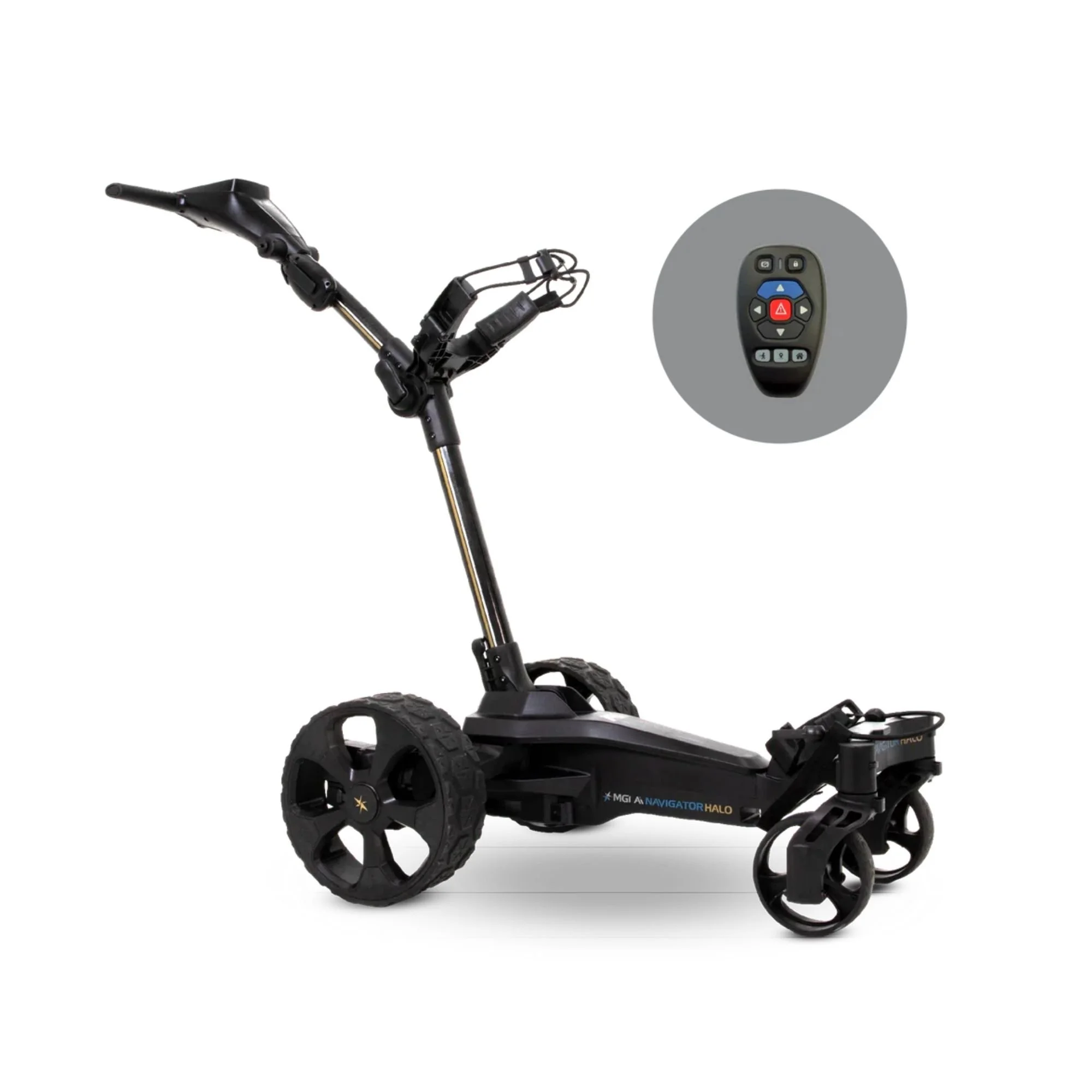 MGI Ai Navigator Halo remote control electric golf buggy with handheld remote control, black, all-terrain wheels, GPS touchscreen.