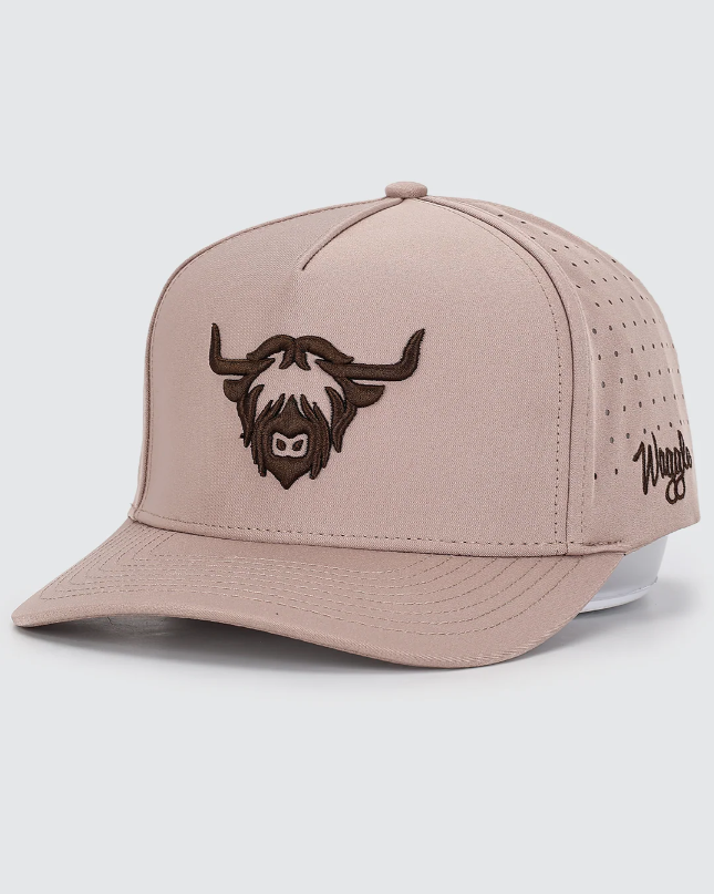 Waggle Highlander hat, angled front view, brown, showing Waggle logo on side panel