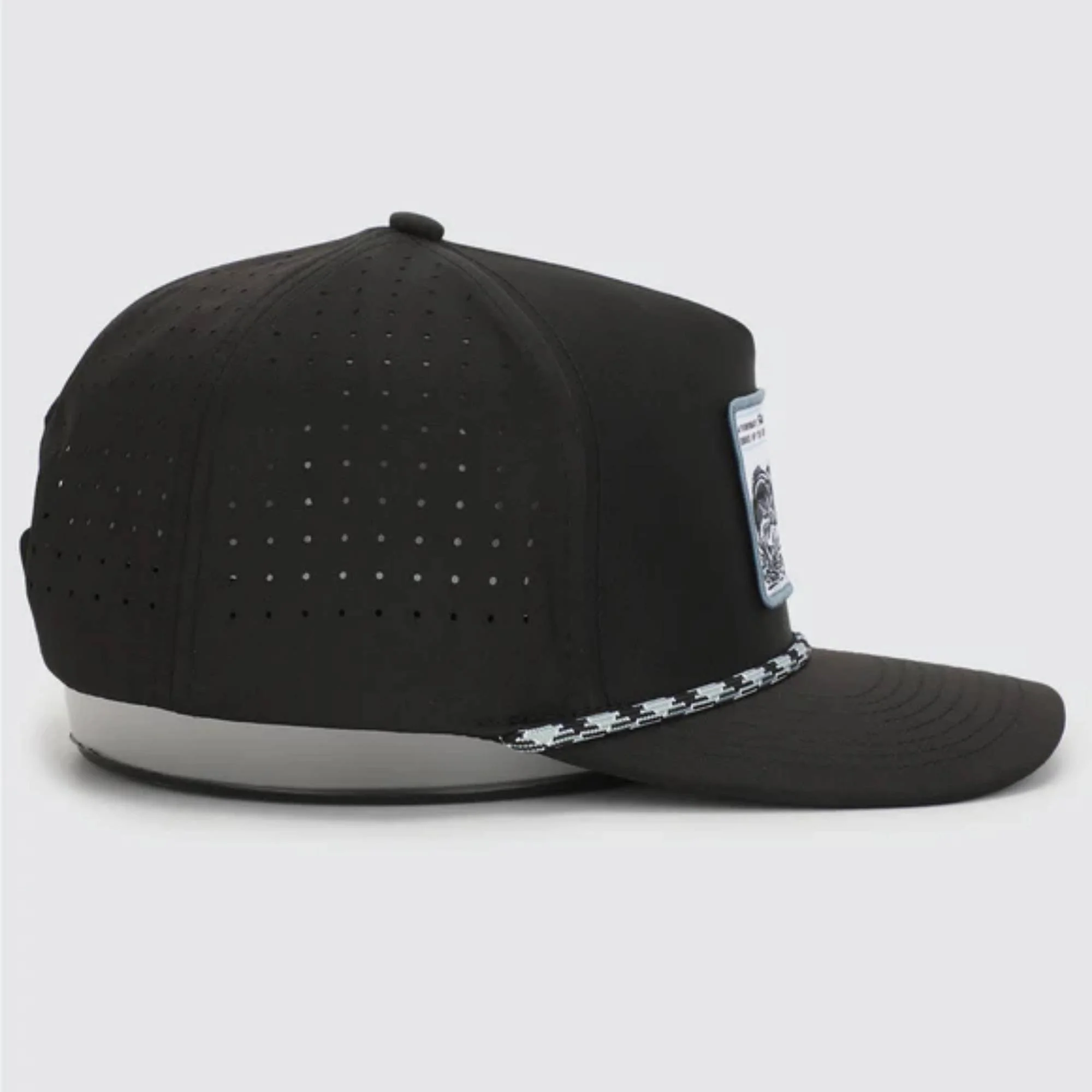 Waggle Bait & Tackle hat side view showing perforated panels, snapback design and patterned brim
